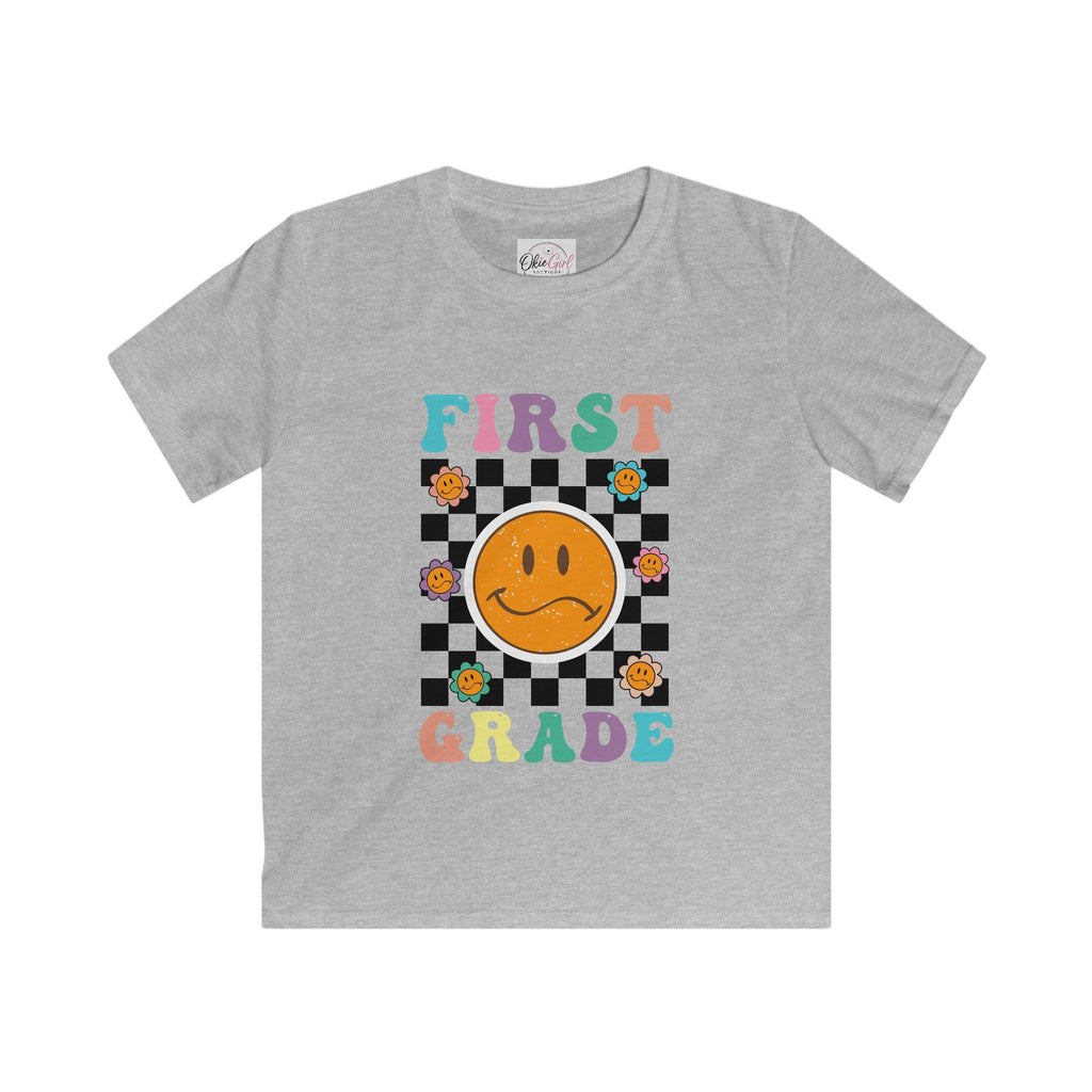 First Grade Kids T‑Shirt — Retro Checker Smiley Back to School Tee