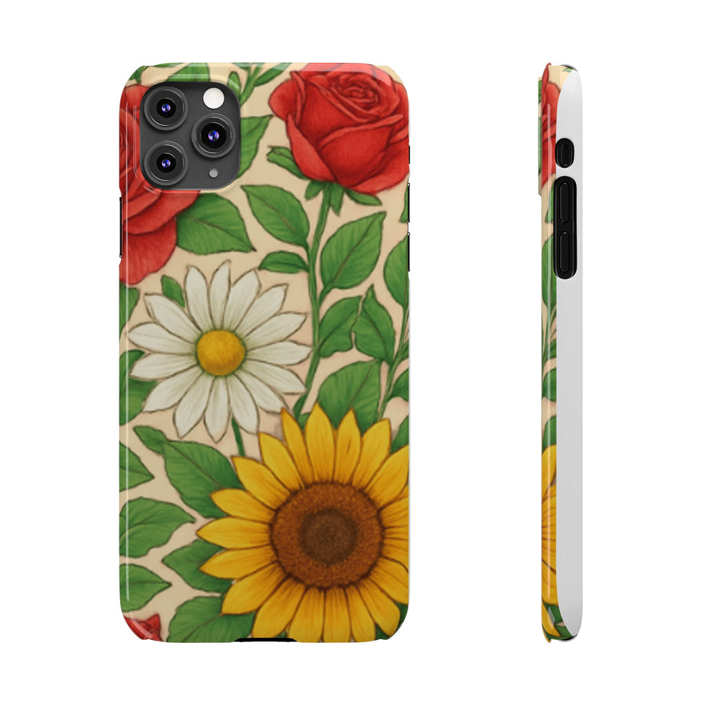 Floral Sunflower, Daisy & Rose Slim Phone Case — Vintage Botanical Pattern