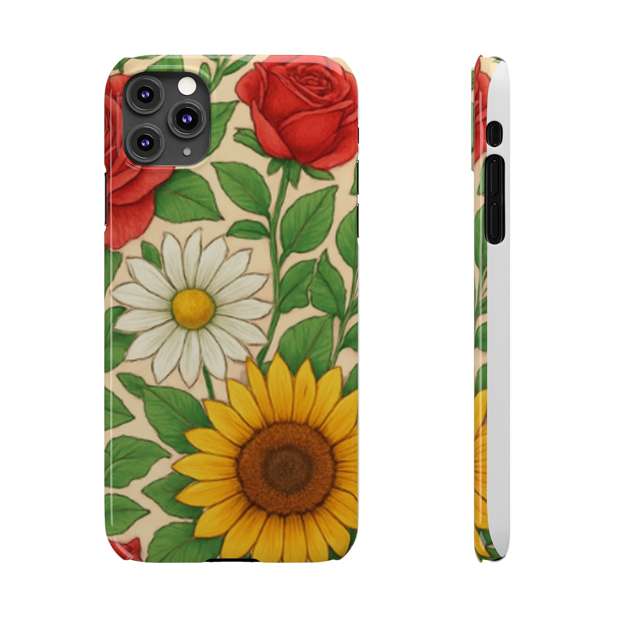 Floral Sunflower, Daisy & Rose Slim Phone Case — Vintage Botanical Pattern