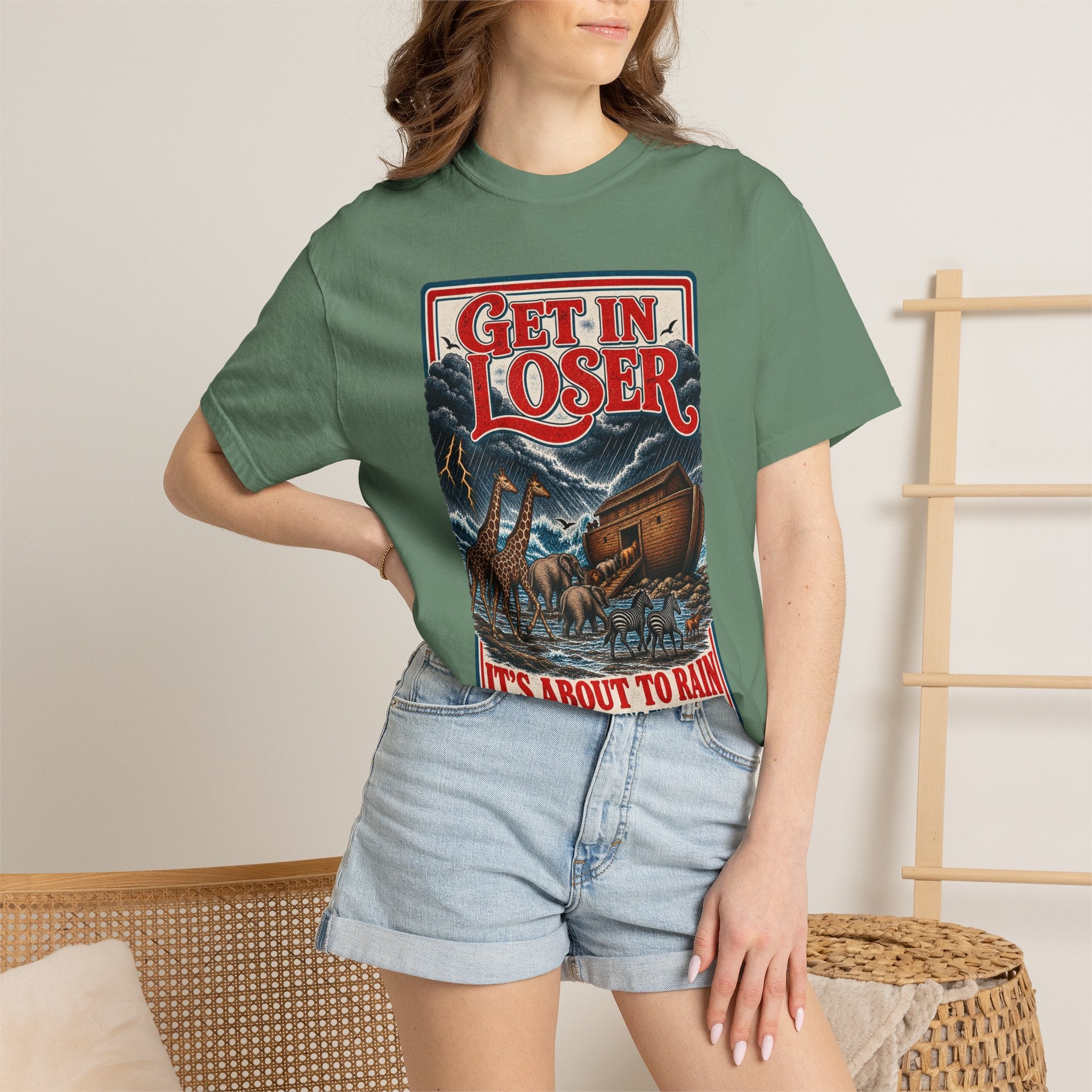 Get In Loser Noah's Ark Graphic T-Shirt — "It's About to Rain" Vintage Rescue Tee
