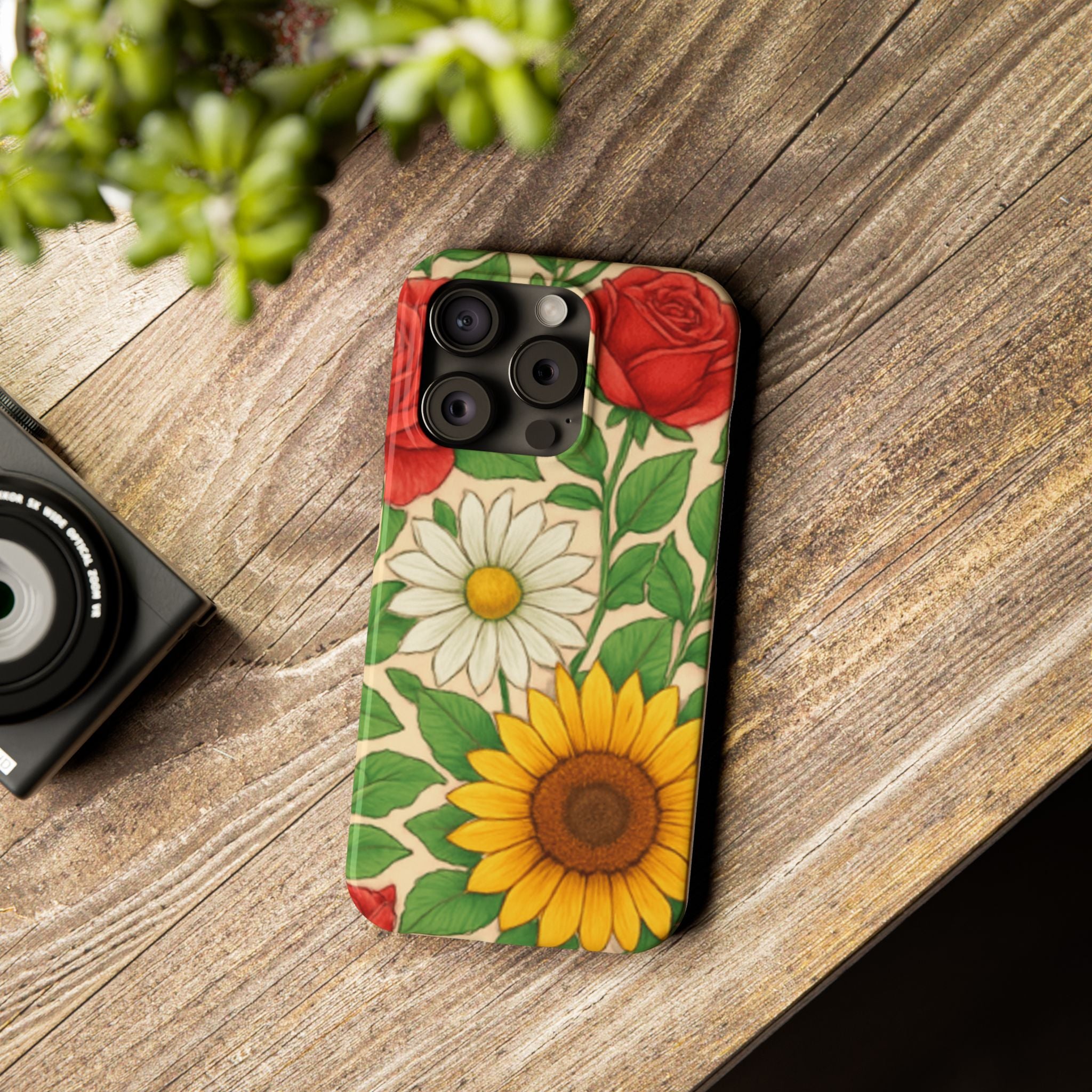 Floral Sunflower, Daisy & Rose Slim Phone Case — Vintage Botanical Pattern