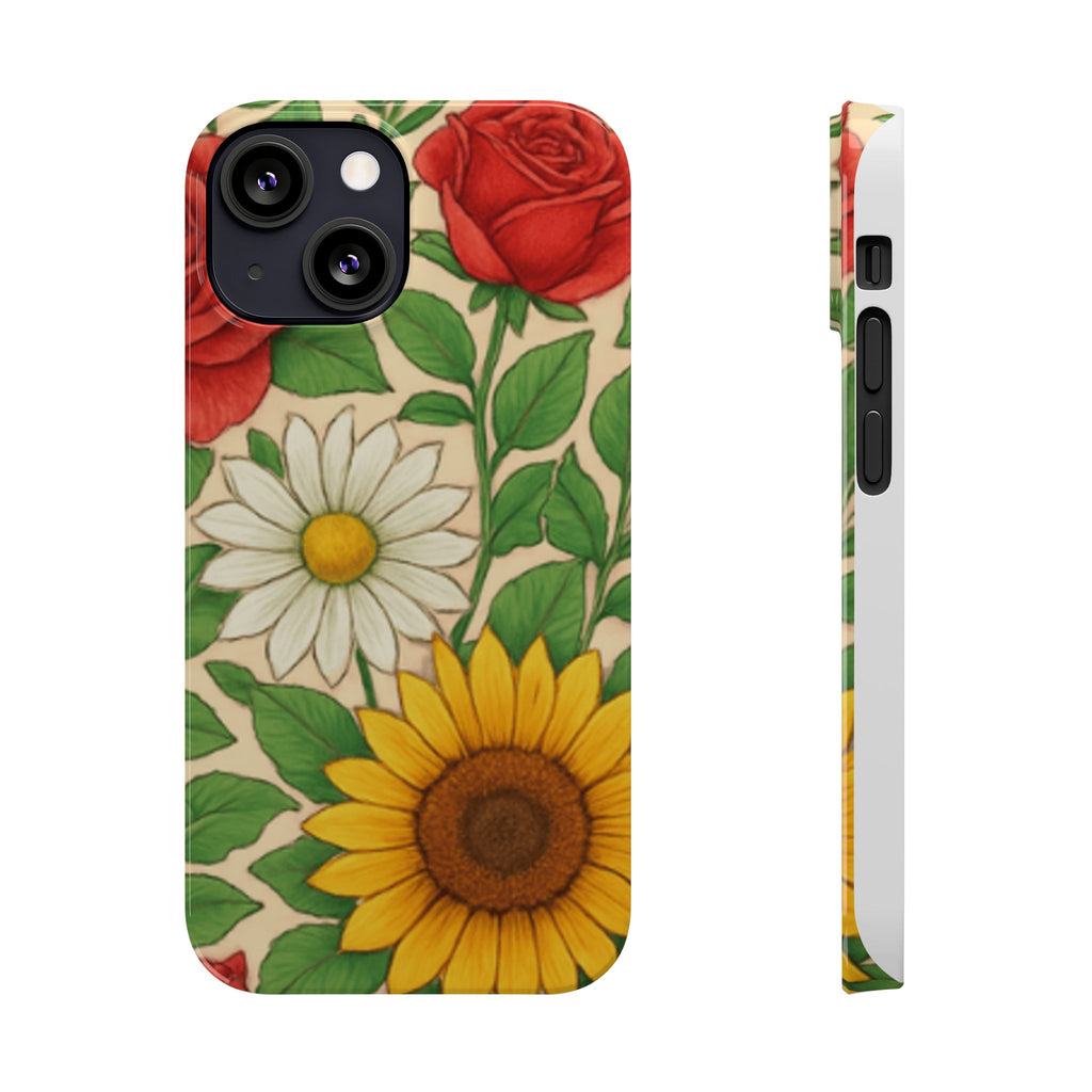 Floral Sunflower, Daisy & Rose Slim Phone Case — Vintage Botanical Pattern