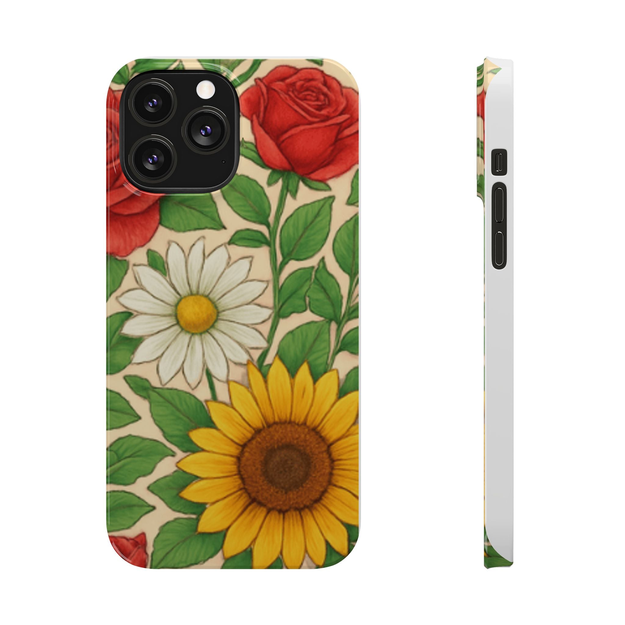 Floral Sunflower, Daisy & Rose Slim Phone Case — Vintage Botanical Pattern