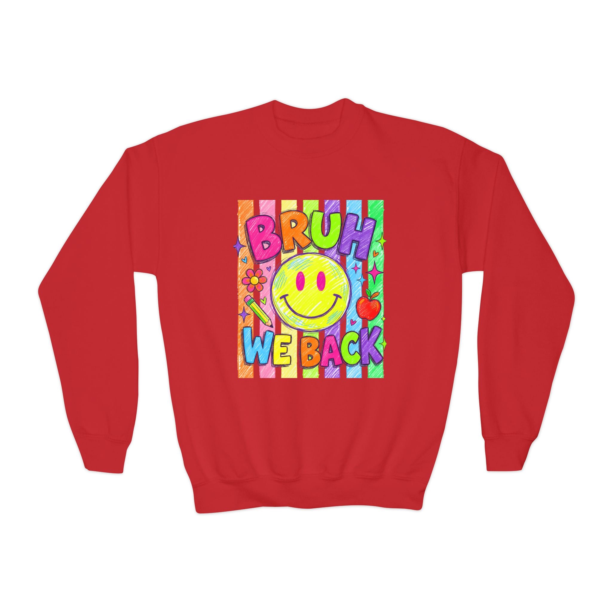 Youth Crewneck Sweatshirt — "Bruh We Back" Retro Smiley Graphic