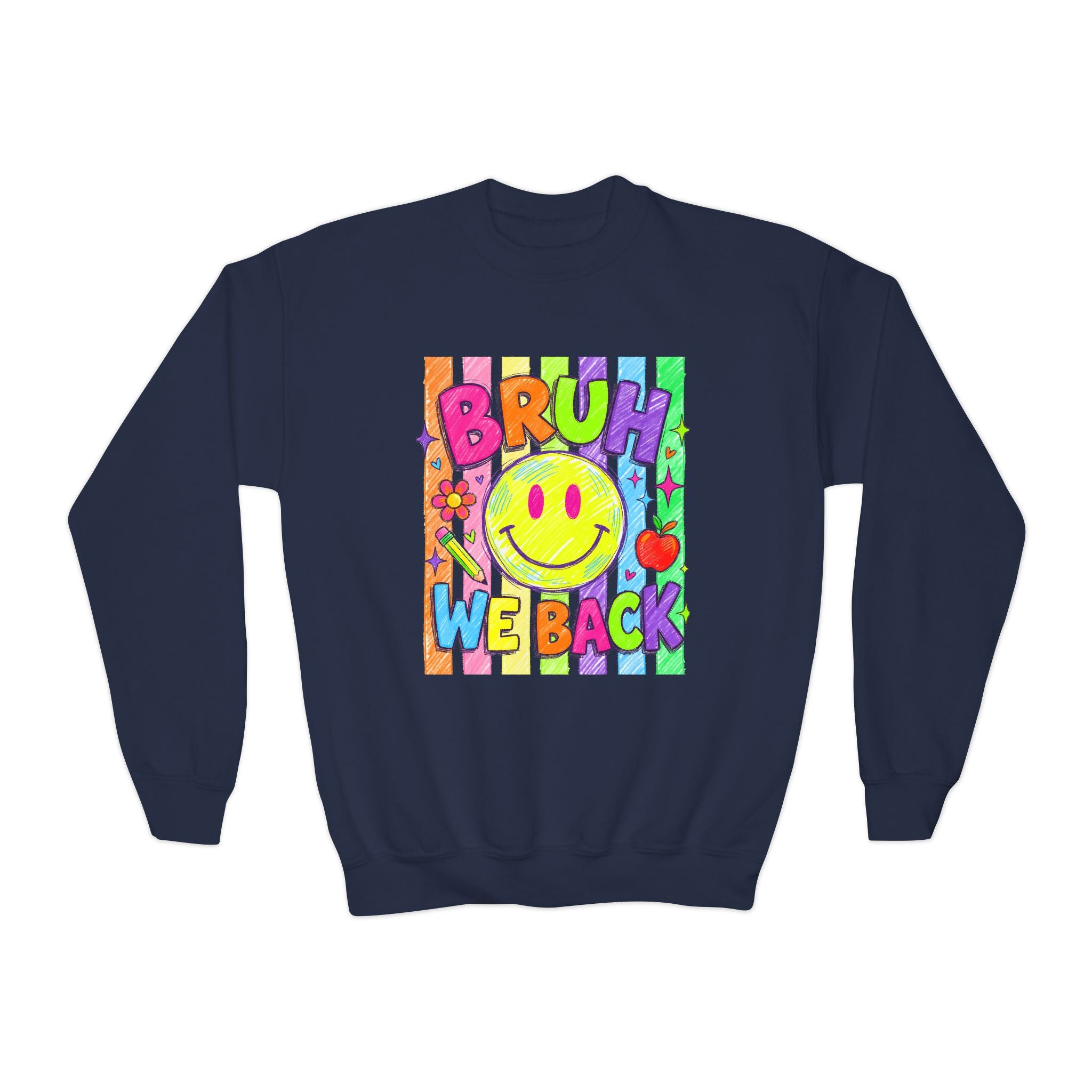 Youth Crewneck Sweatshirt — "Bruh We Back" Retro Smiley Graphic