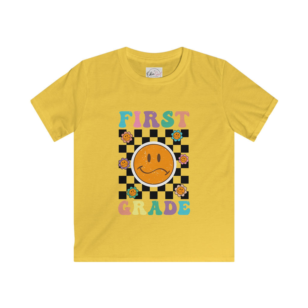 First Grade Kids T‑Shirt — Retro Checker Smiley Back to School Tee