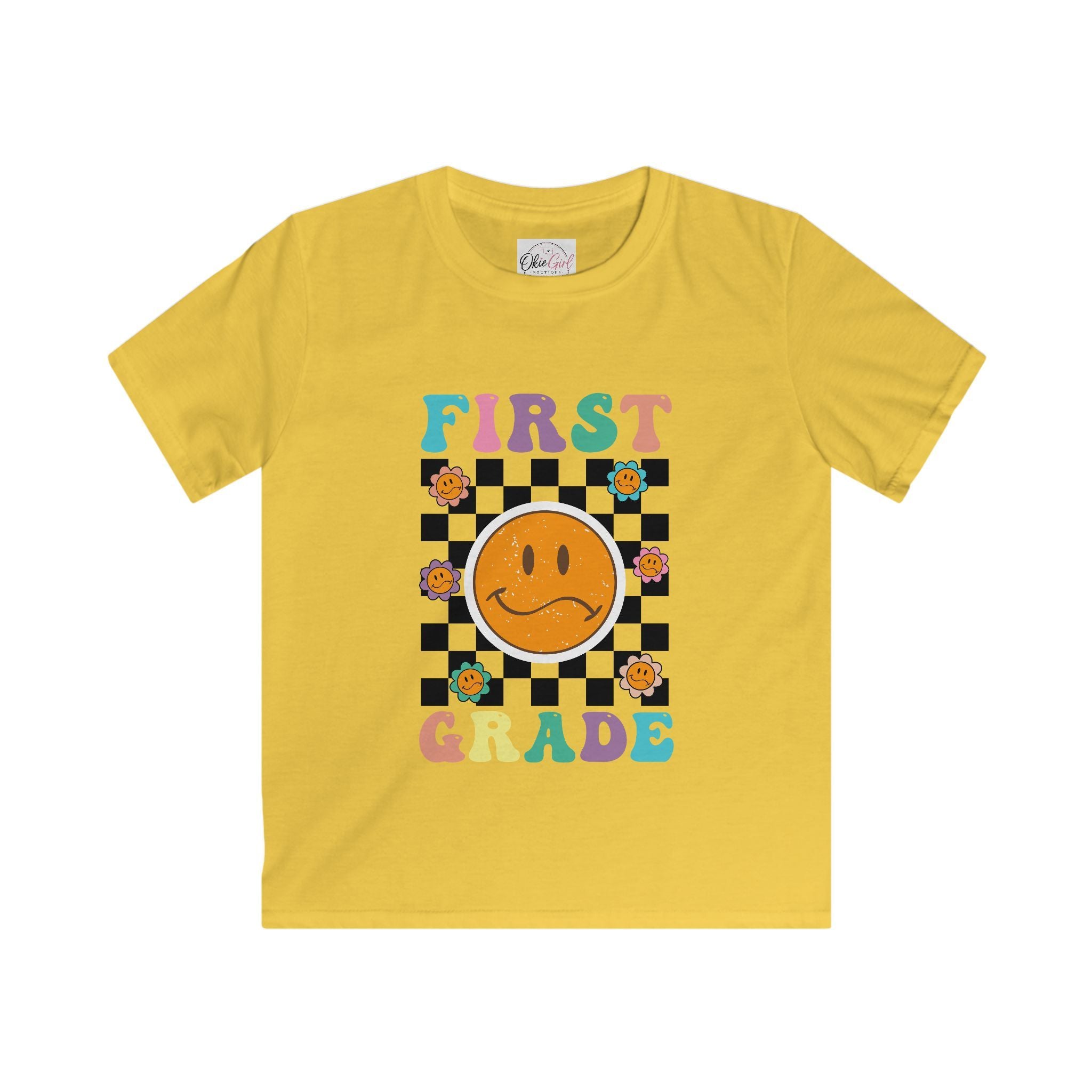 First Grade Kids T‑Shirt — Retro Checker Smiley Back to School Tee