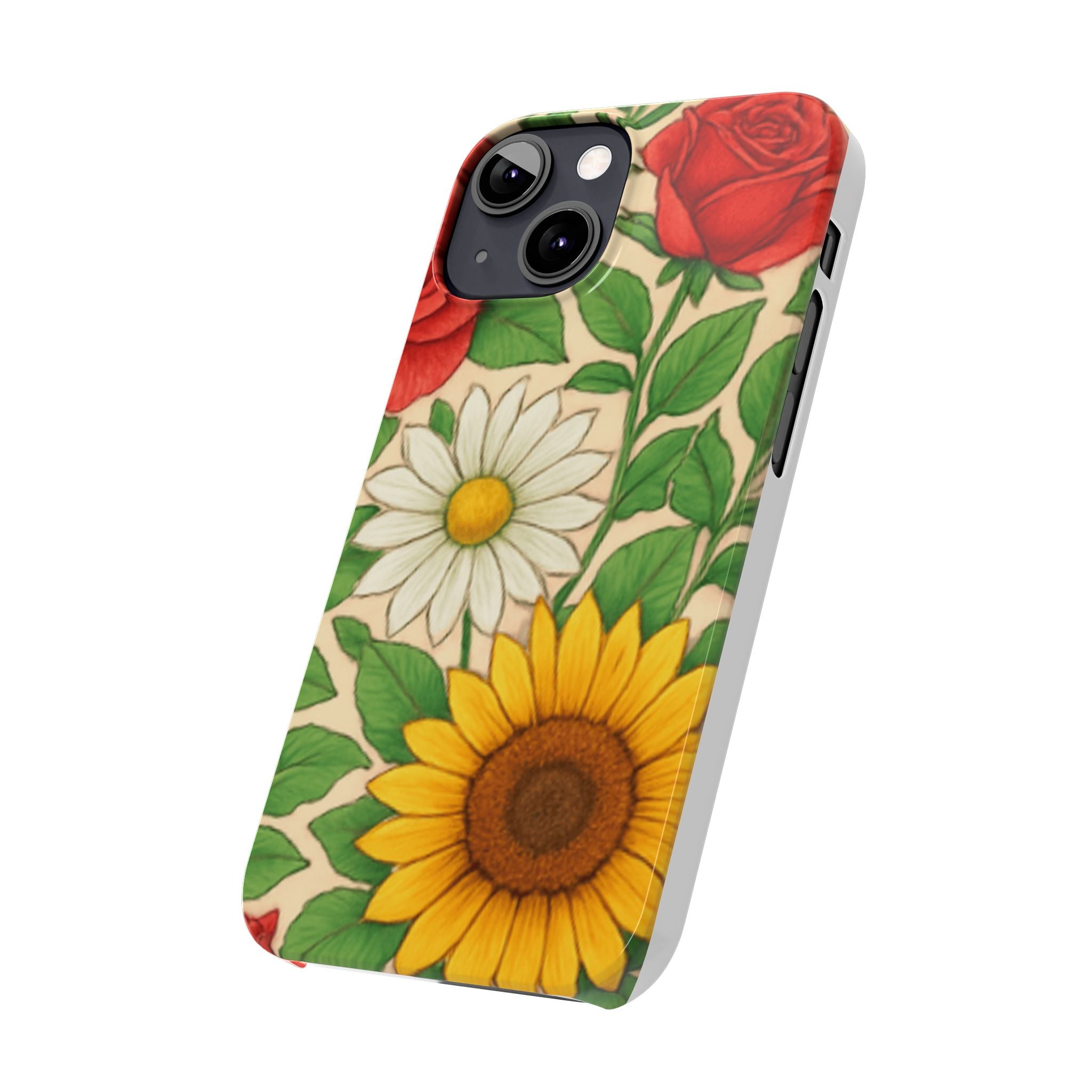 Floral Sunflower, Daisy & Rose Slim Phone Case — Vintage Botanical Pattern