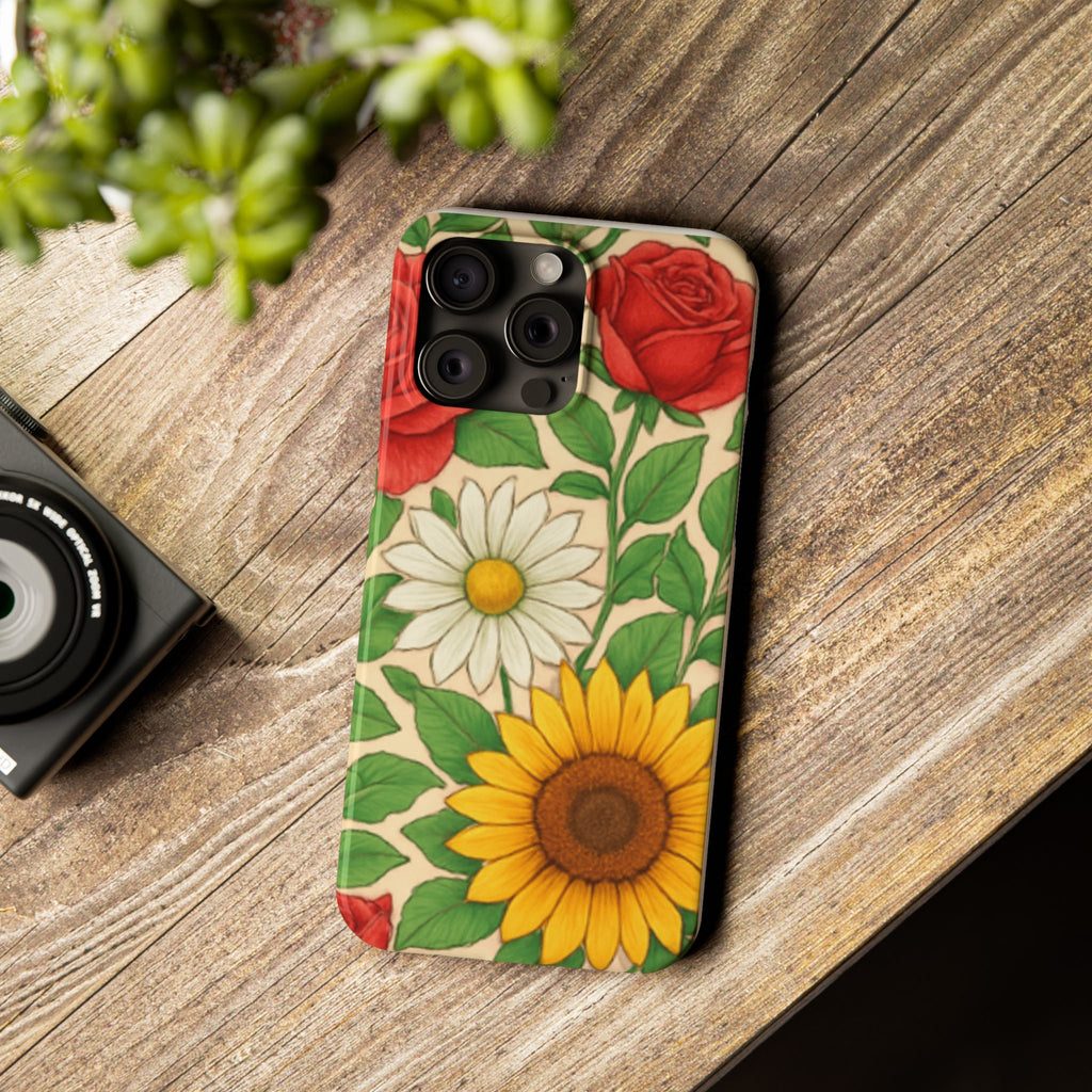 Floral Sunflower, Daisy & Rose Slim Phone Case — Vintage Botanical Pattern