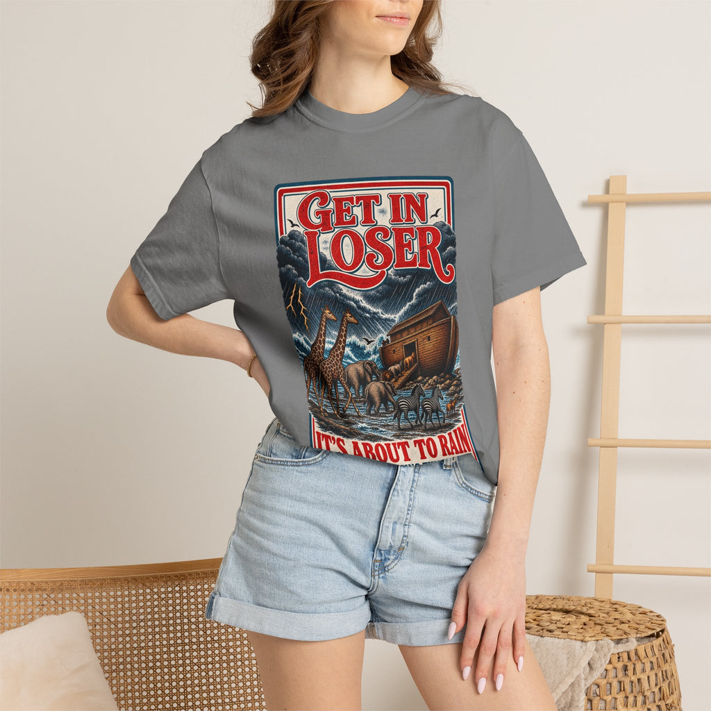 Get In Loser Noah's Ark Graphic T-Shirt — "It's About to Rain" Vintage Rescue Tee