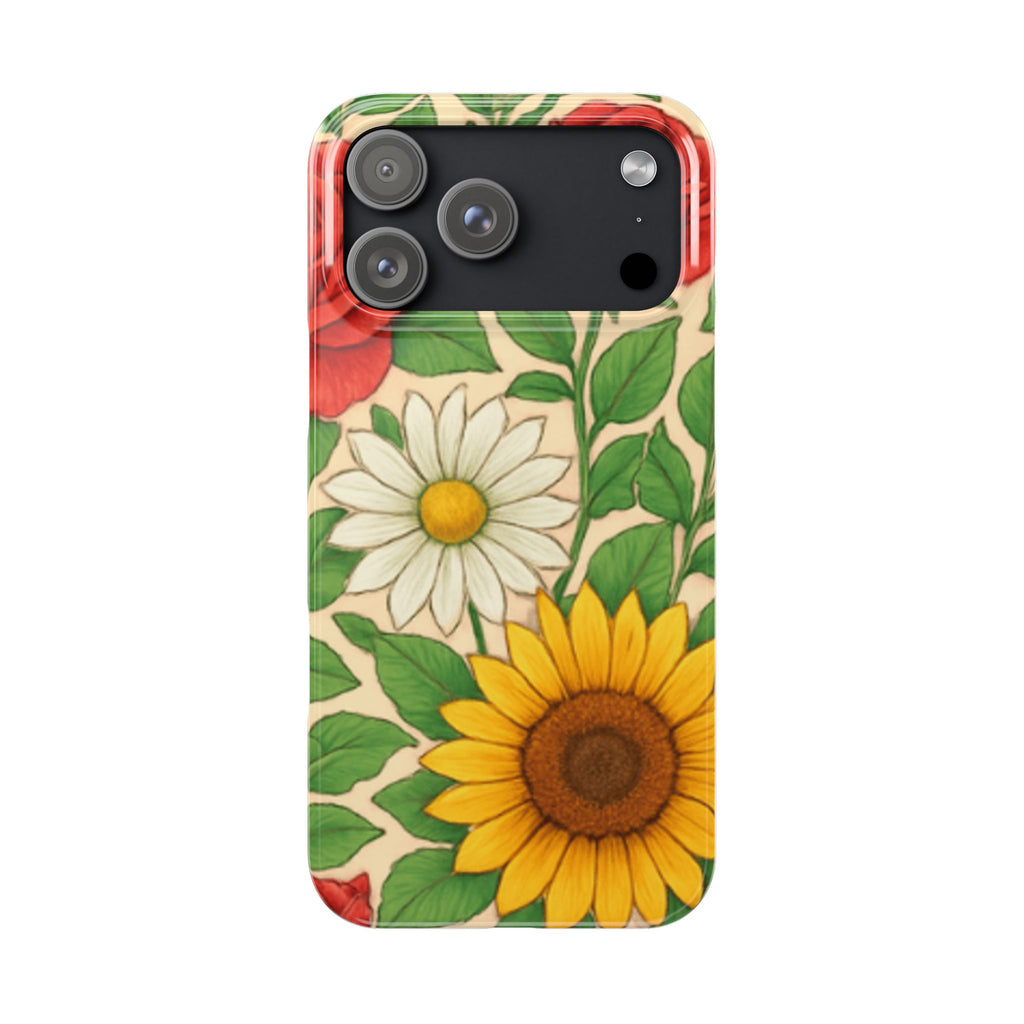 Floral Sunflower, Daisy & Rose Slim Phone Case — Vintage Botanical Pattern