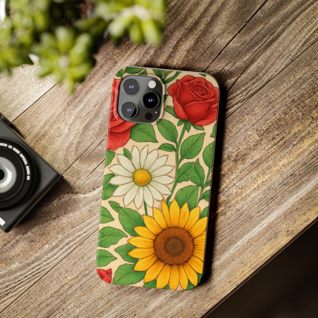 Floral Sunflower, Daisy & Rose Slim Phone Case — Vintage Botanical Pattern