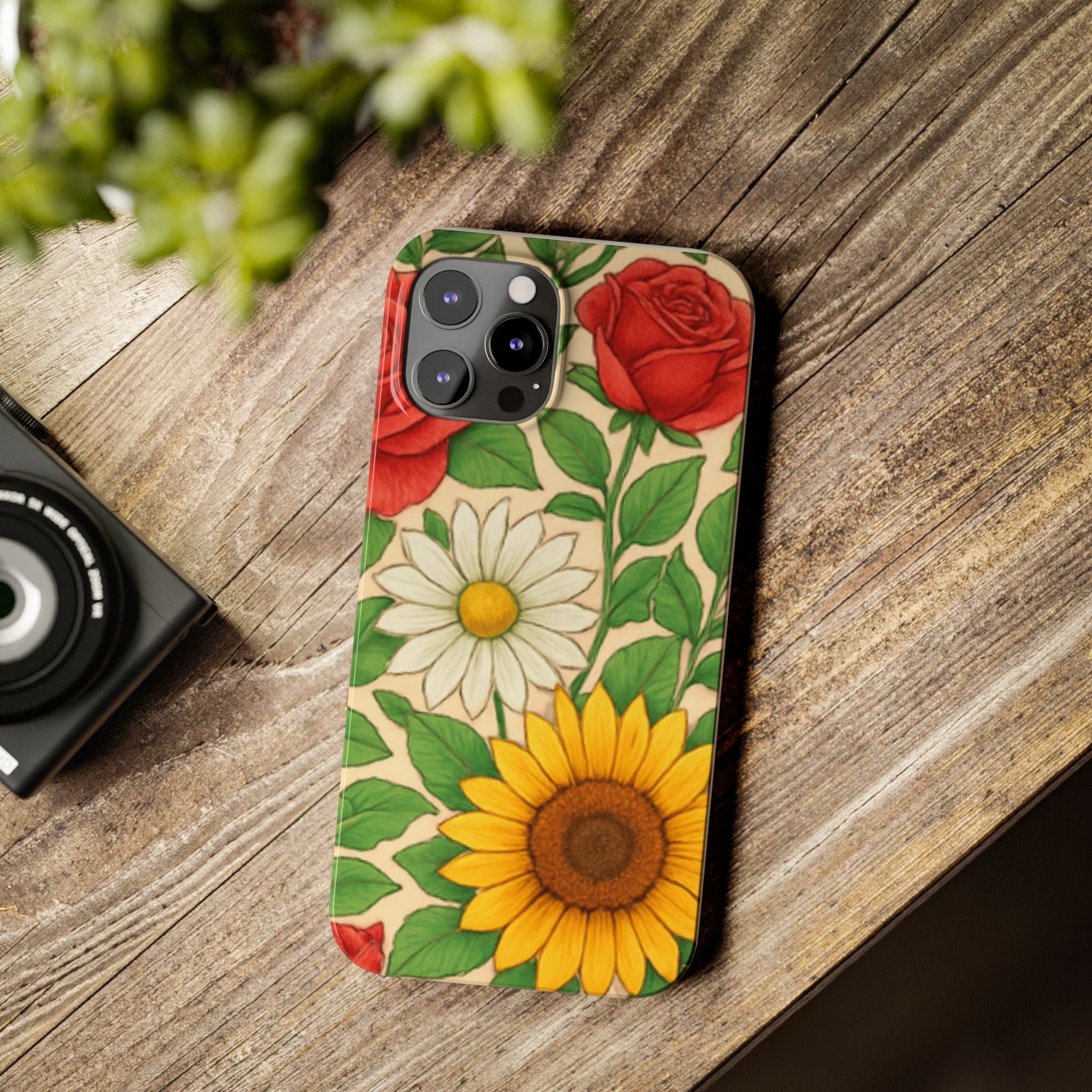 Floral Sunflower, Daisy & Rose Slim Phone Case — Vintage Botanical Pattern
