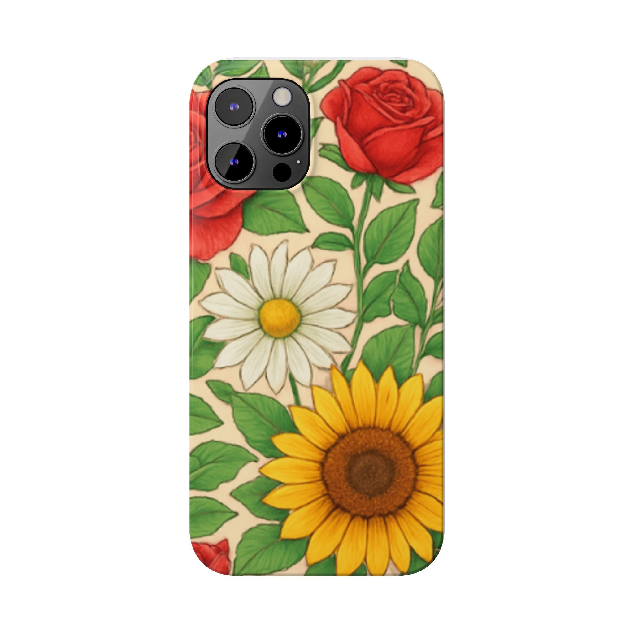Floral Sunflower, Daisy & Rose Slim Phone Case — Vintage Botanical Pattern