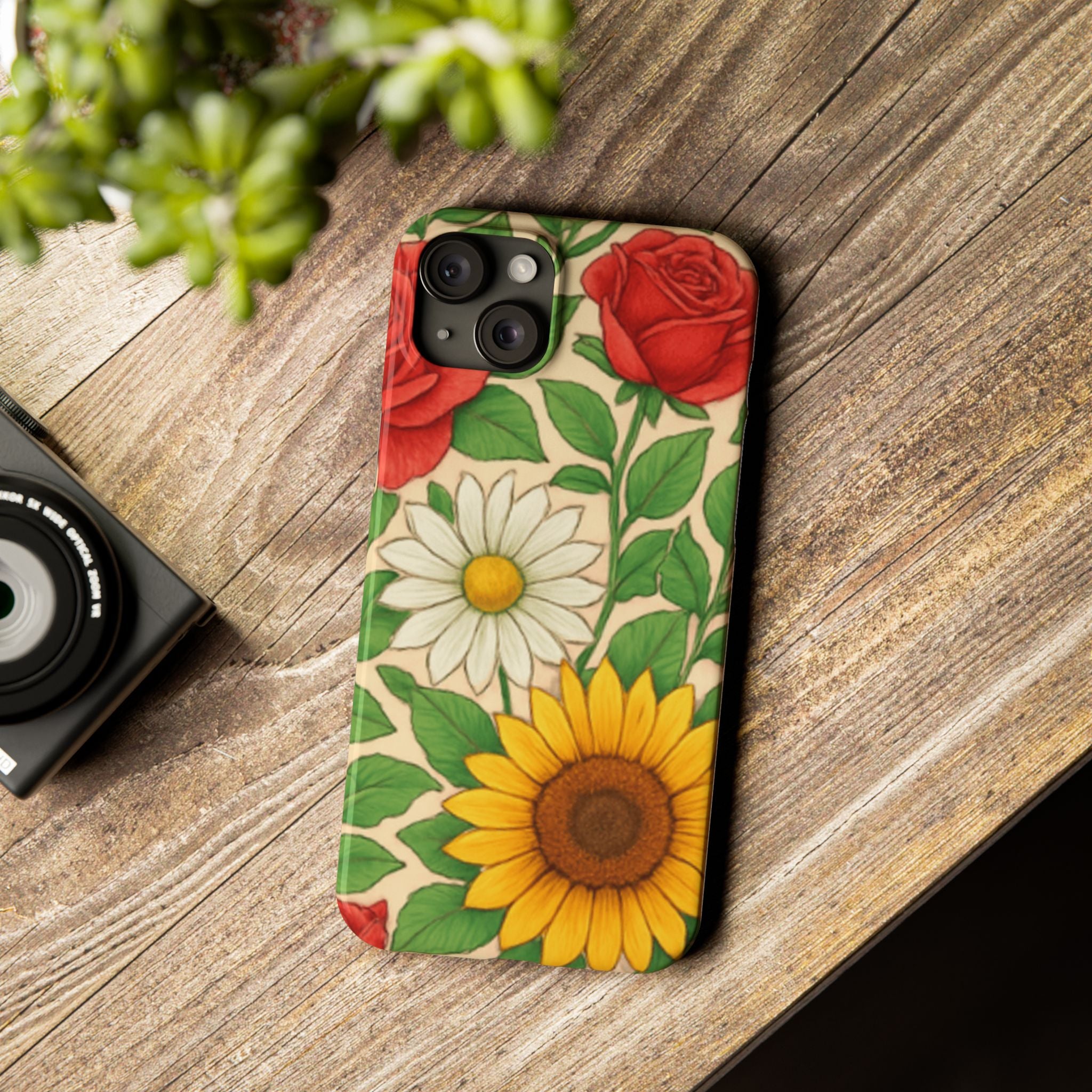 Floral Sunflower, Daisy & Rose Slim Phone Case — Vintage Botanical Pattern