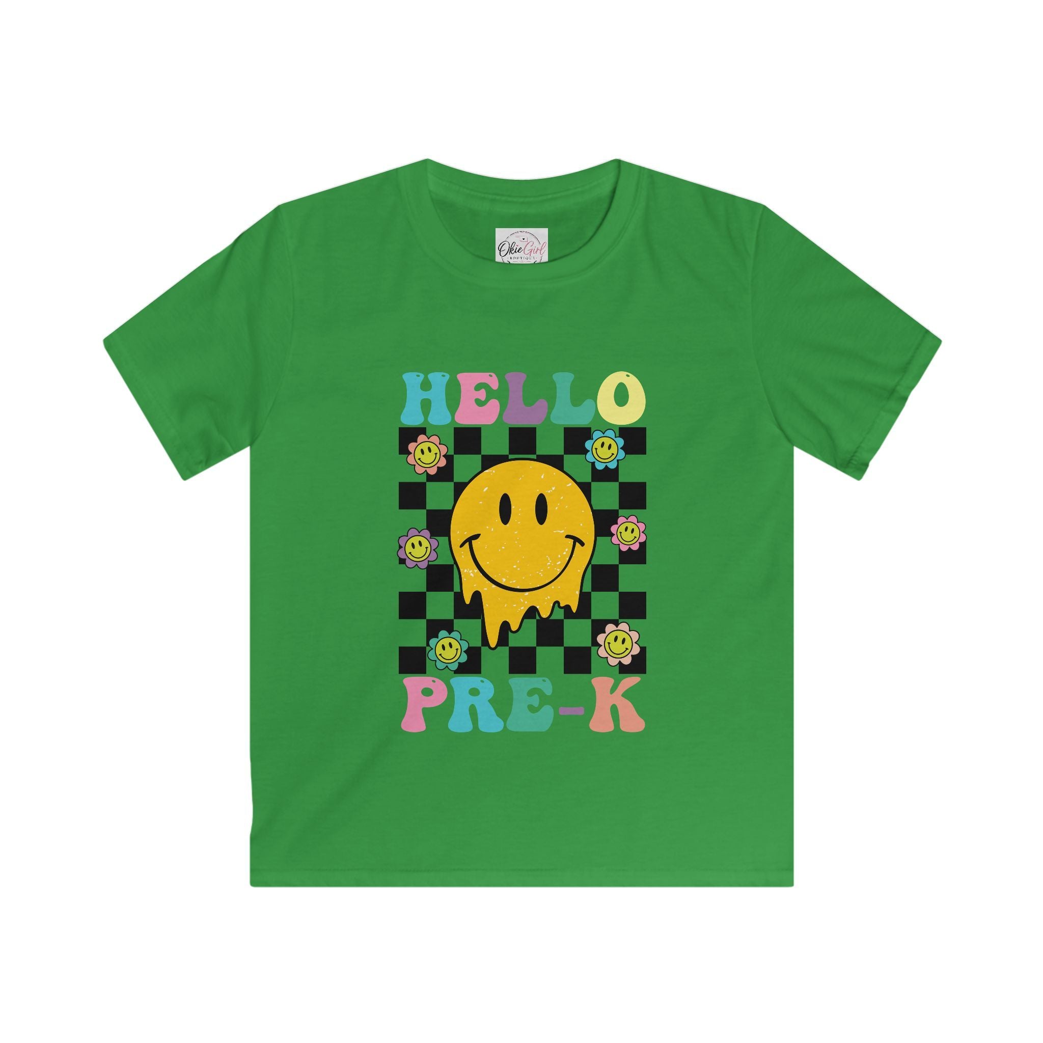 Hello Pre-K Kids T-Shirt — Colorful Smiley Checkerboard Preschool Tee