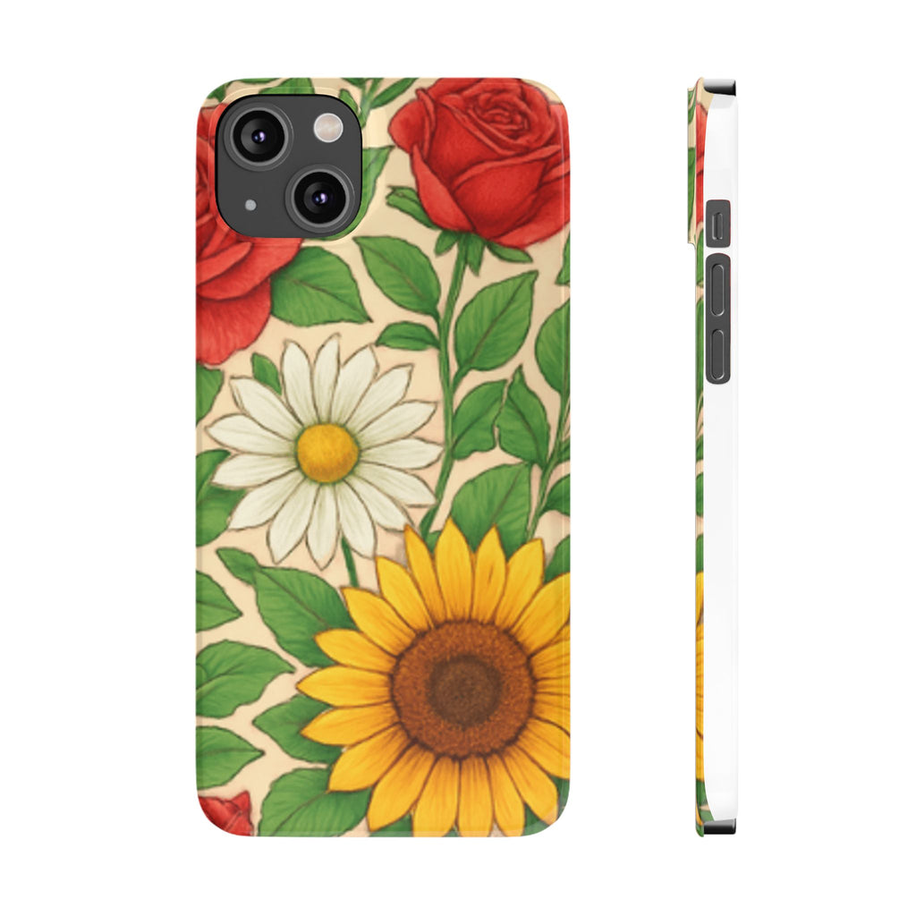 Floral Sunflower, Daisy & Rose Slim Phone Case — Vintage Botanical Pattern