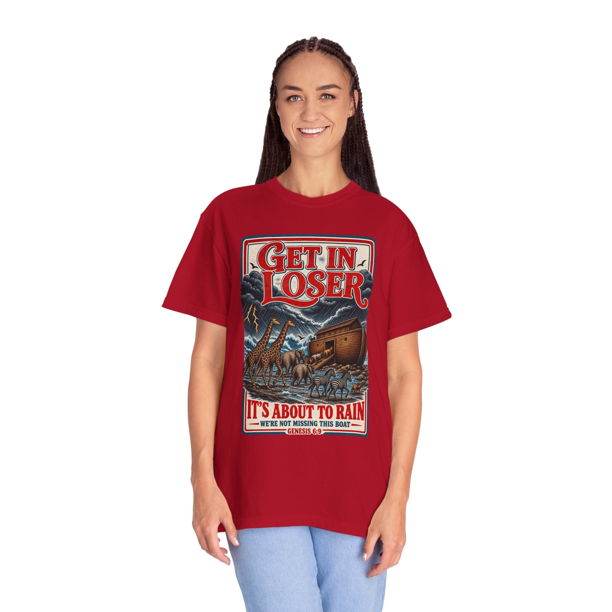 Get In Loser Noah's Ark Graphic T-Shirt — "It's About to Rain" Vintage Rescue Tee