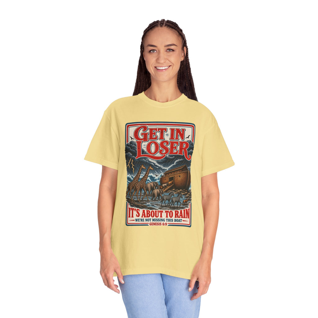 Get In Loser Noah's Ark Graphic T-Shirt — "It's About to Rain" Vintage Rescue Tee