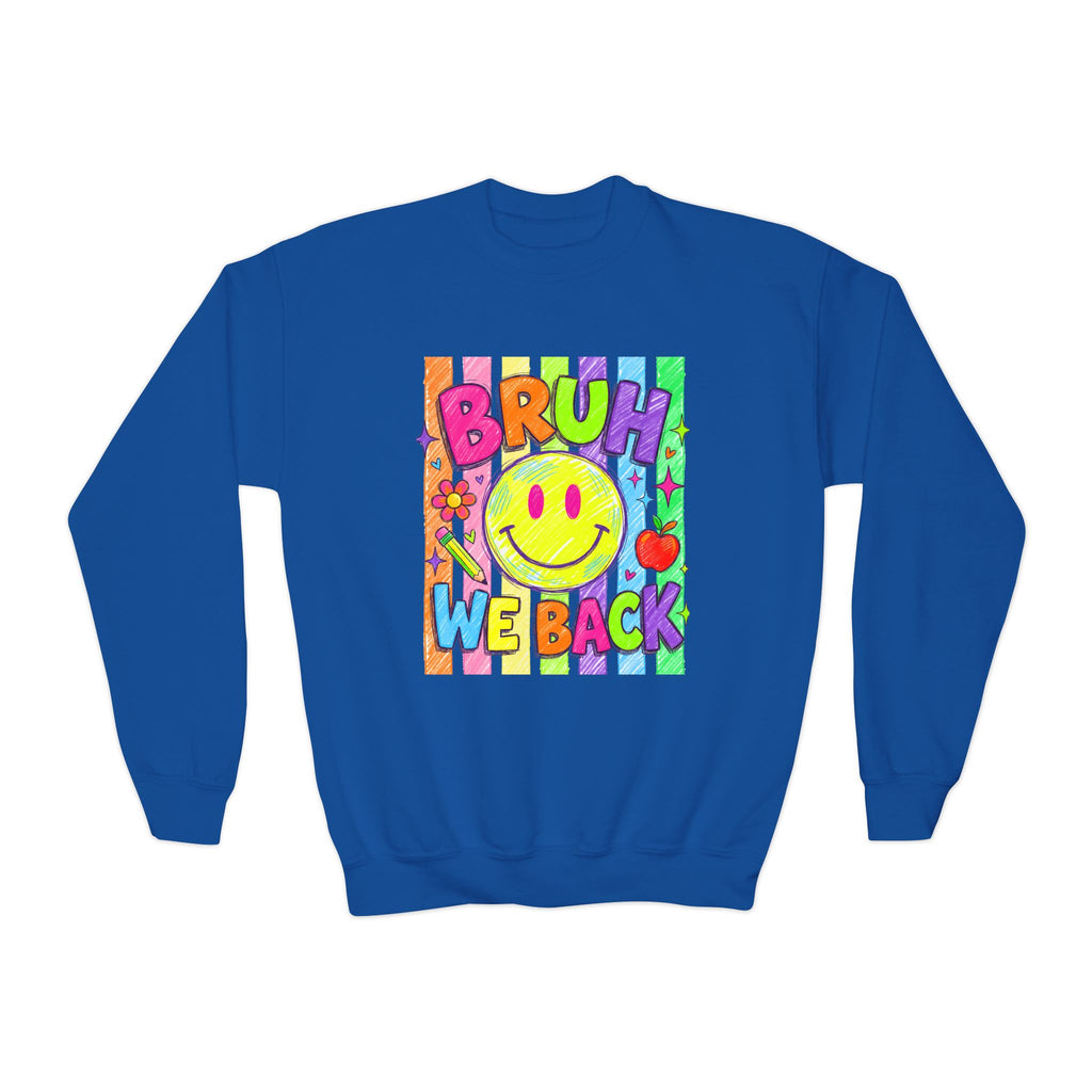 Youth Crewneck Sweatshirt — "Bruh We Back" Retro Smiley Graphic