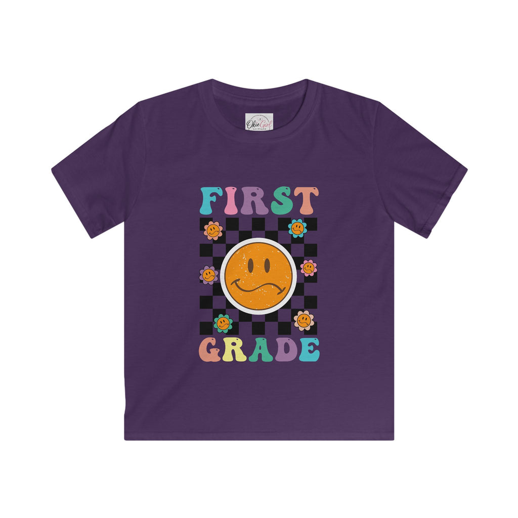 First Grade Kids T‑Shirt — Retro Checker Smiley Back to School Tee