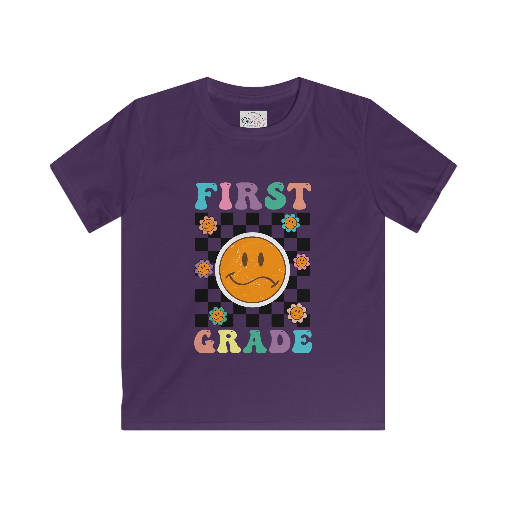 First Grade Kids T‑Shirt — Retro Checker Smiley Back to School Tee