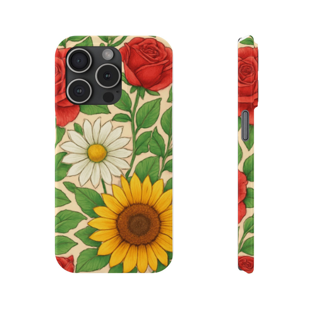 Floral Sunflower, Daisy & Rose Slim Phone Case — Vintage Botanical Pattern