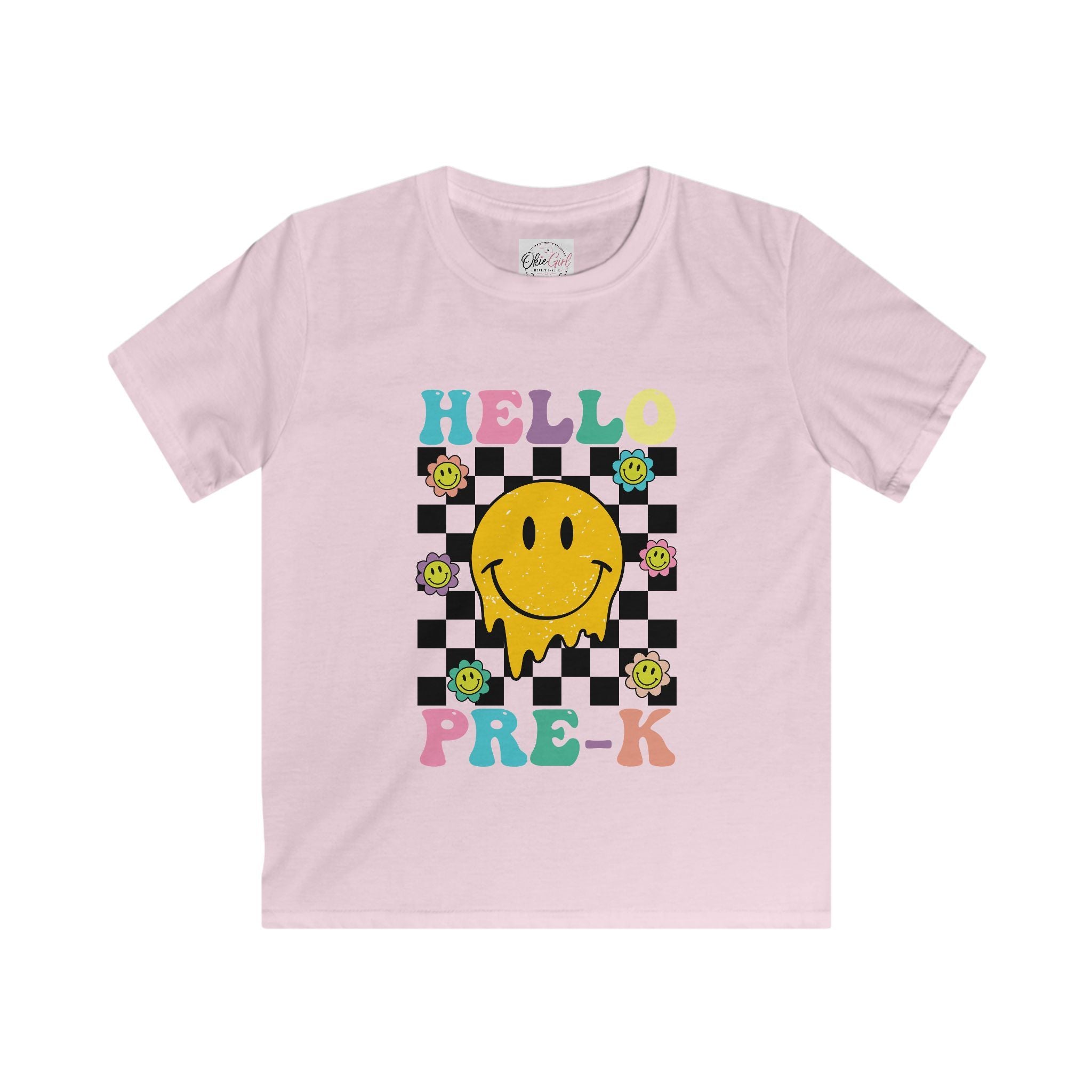 Hello Pre-K Kids T-Shirt — Colorful Smiley Checkerboard Preschool Tee