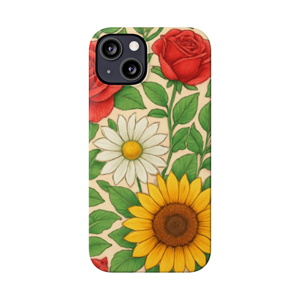 Floral Sunflower, Daisy & Rose Slim Phone Case — Vintage Botanical Pattern