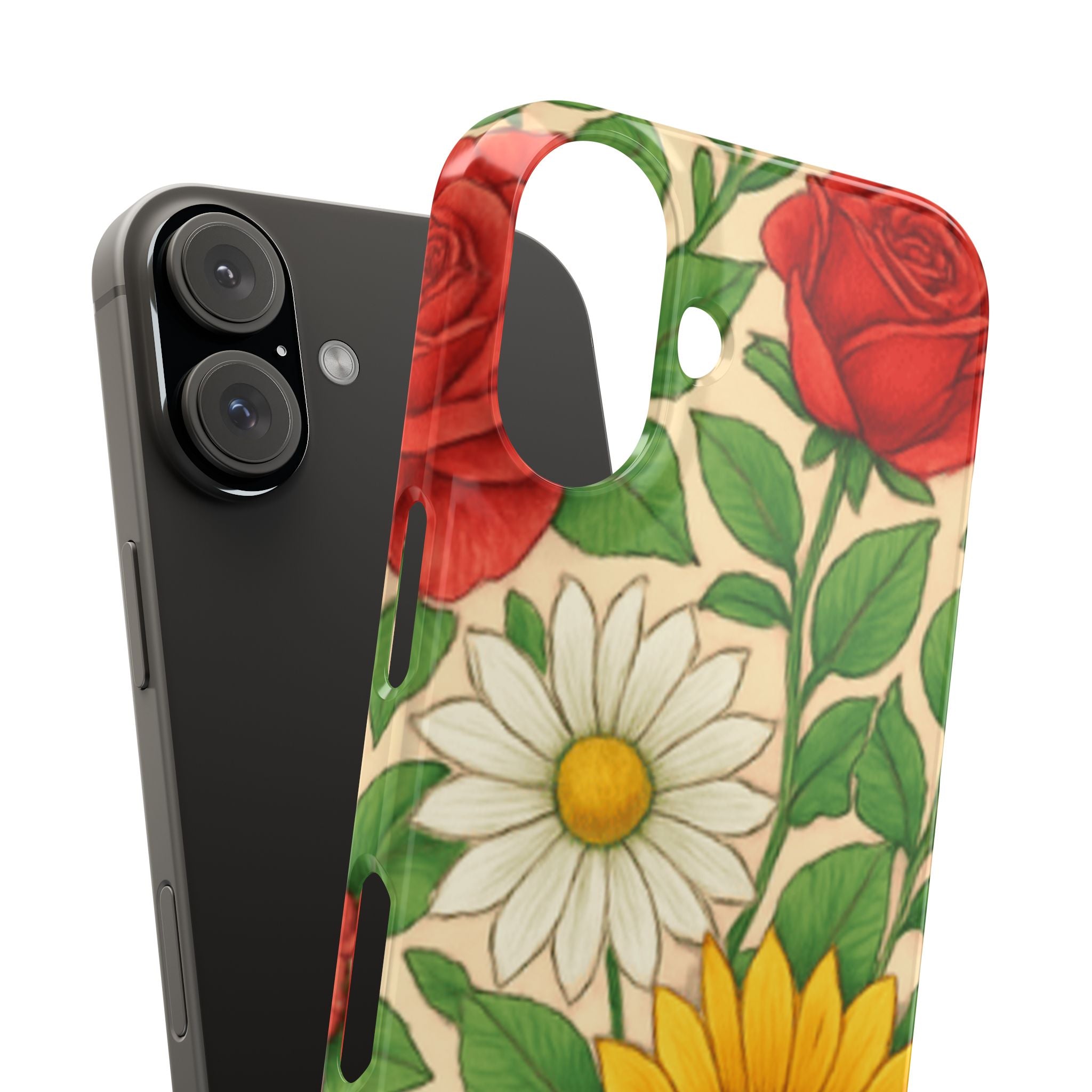 Floral Sunflower, Daisy & Rose Slim Phone Case — Vintage Botanical Pattern