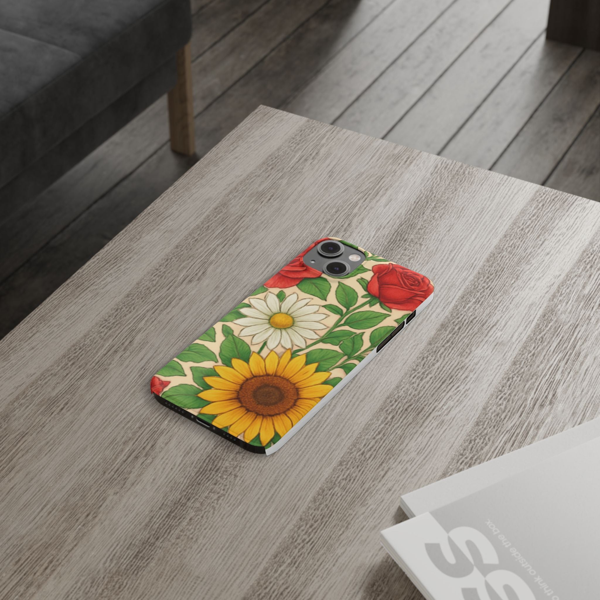 Floral Sunflower, Daisy & Rose Slim Phone Case — Vintage Botanical Pattern