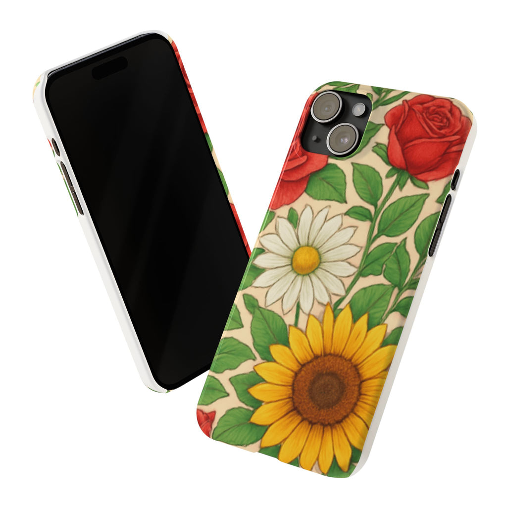 Floral Sunflower, Daisy & Rose Slim Phone Case — Vintage Botanical Pattern