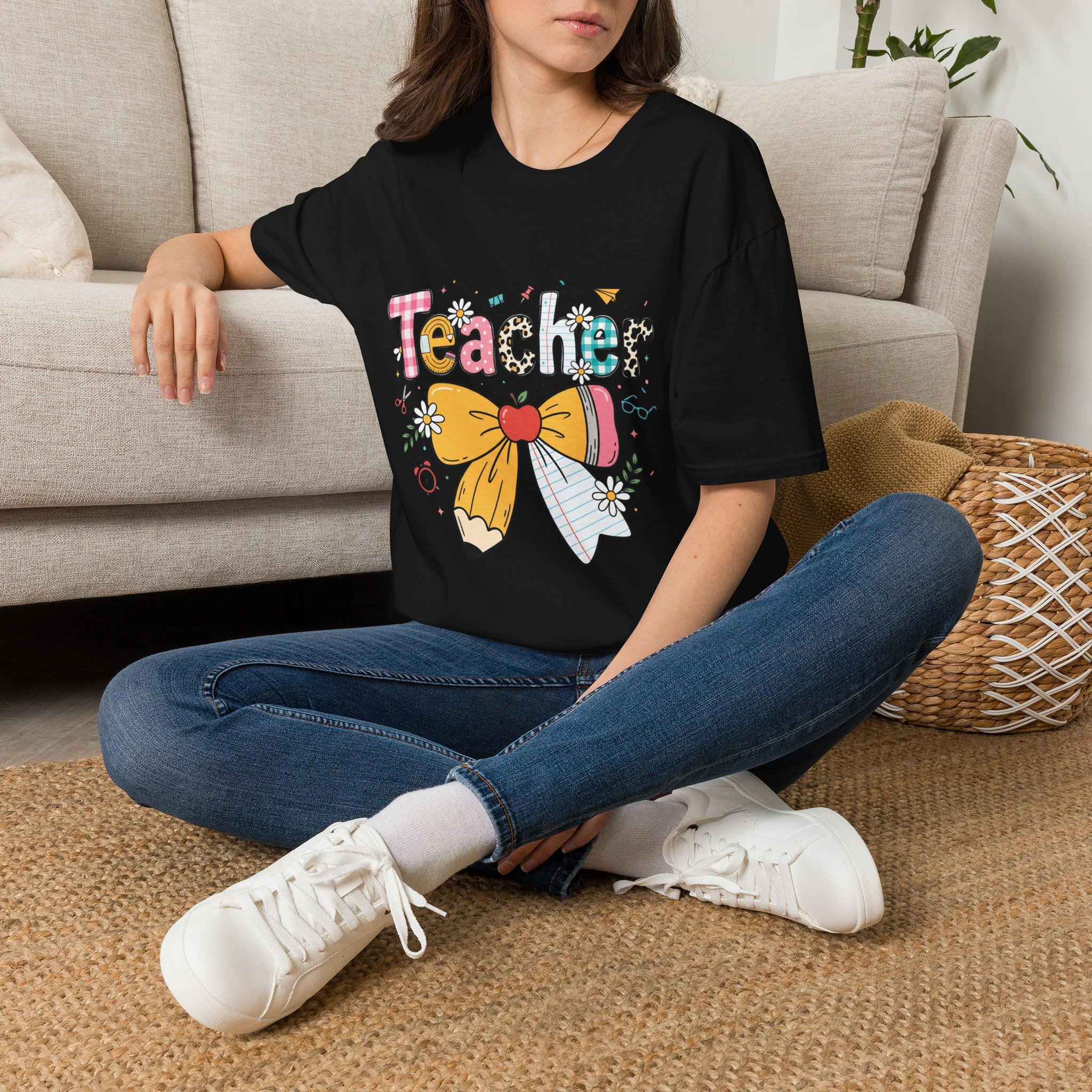 Teacher Cute Bow Graphic T-Shirt — Colorful School Appreciation Tee