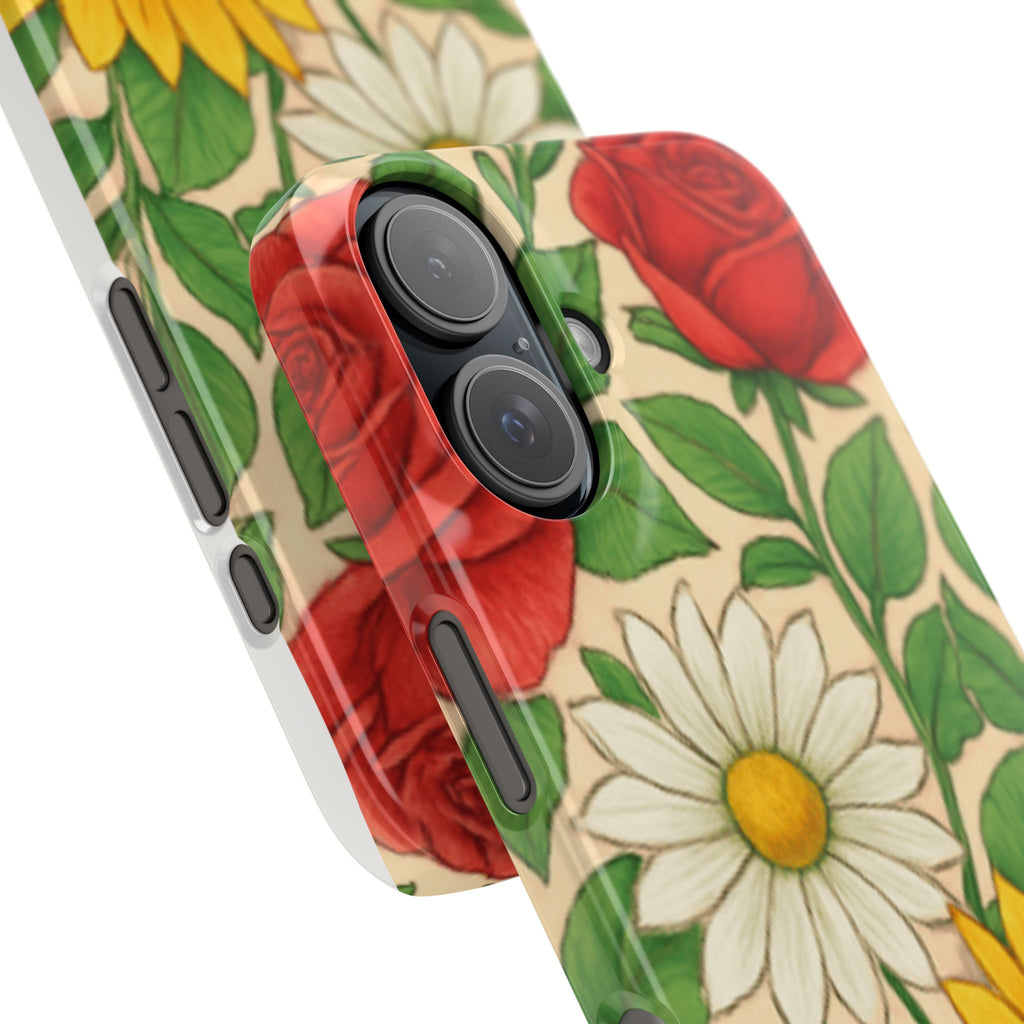 Floral Sunflower, Daisy & Rose Slim Phone Case — Vintage Botanical Pattern