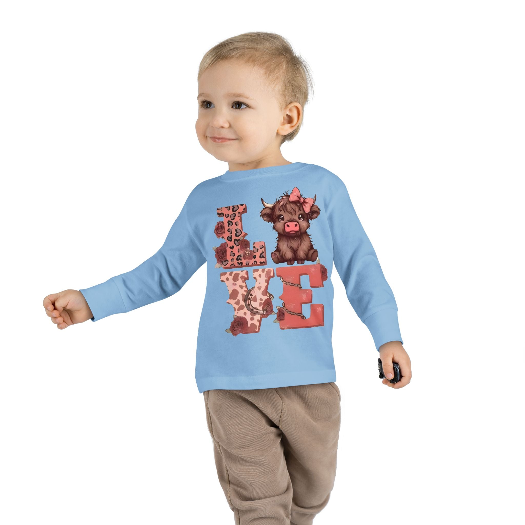 Love Cow Toddler Long Sleeve Tee — Cute Farm Animal Heart Design