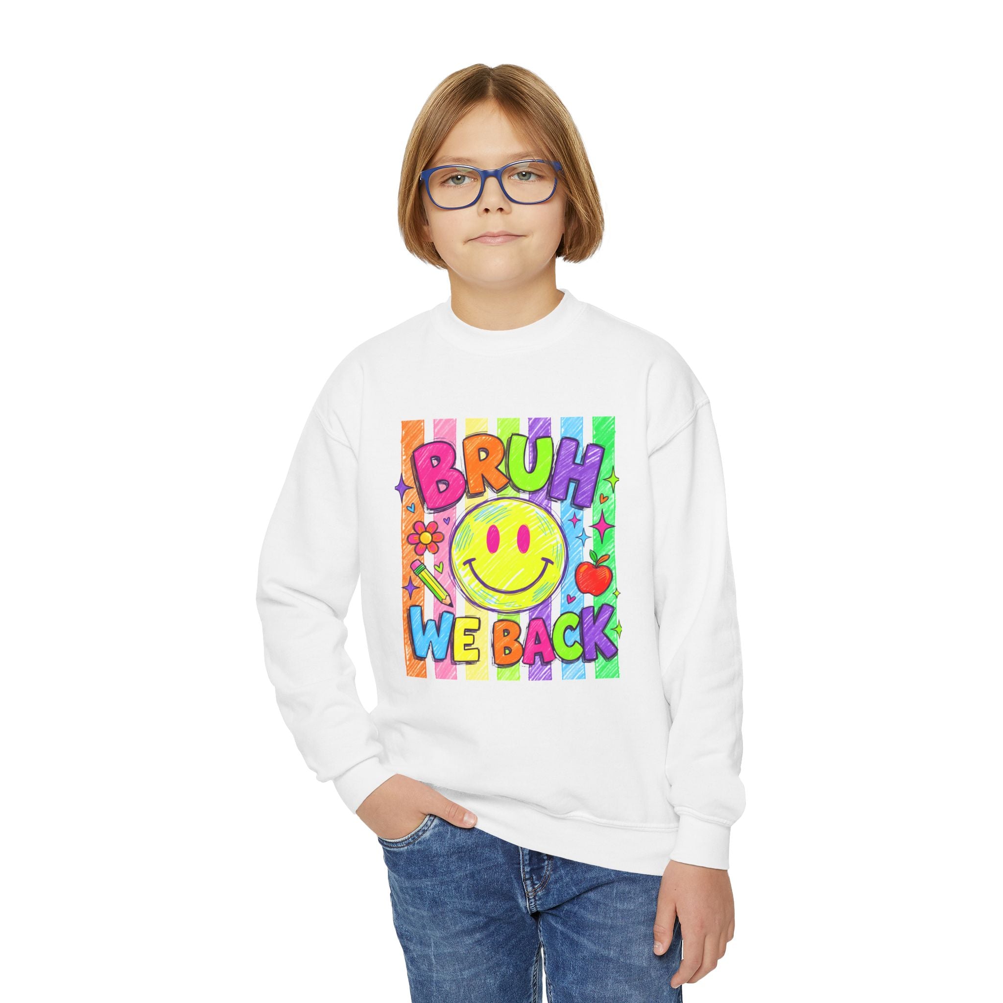 Youth Crewneck Sweatshirt — "Bruh We Back" Retro Smiley Graphic