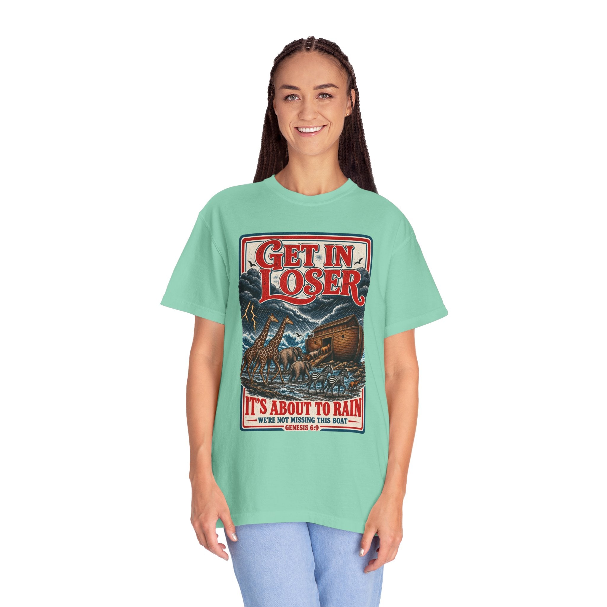 Get In Loser Noah's Ark Graphic T-Shirt — "It's About to Rain" Vintage Rescue Tee