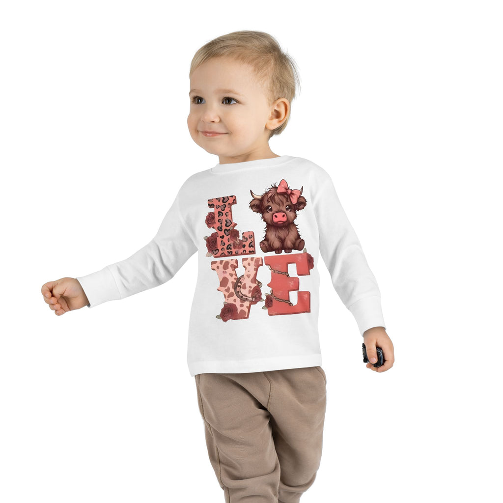 Love Cow Toddler Long Sleeve Tee — Cute Farm Animal Heart Design
