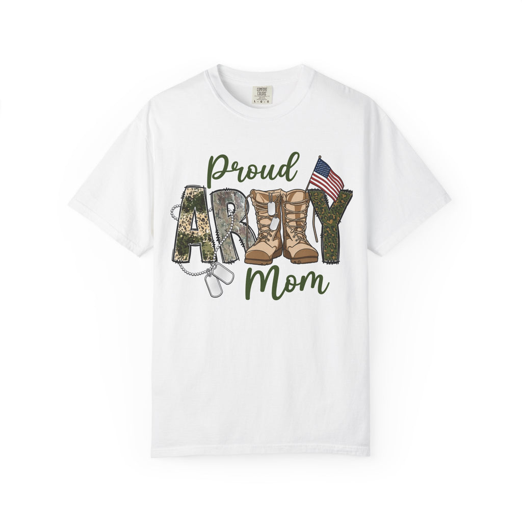 Proud Army Mom T-Shirt | Military Mom Graphic Tee, Flag & Boots Design