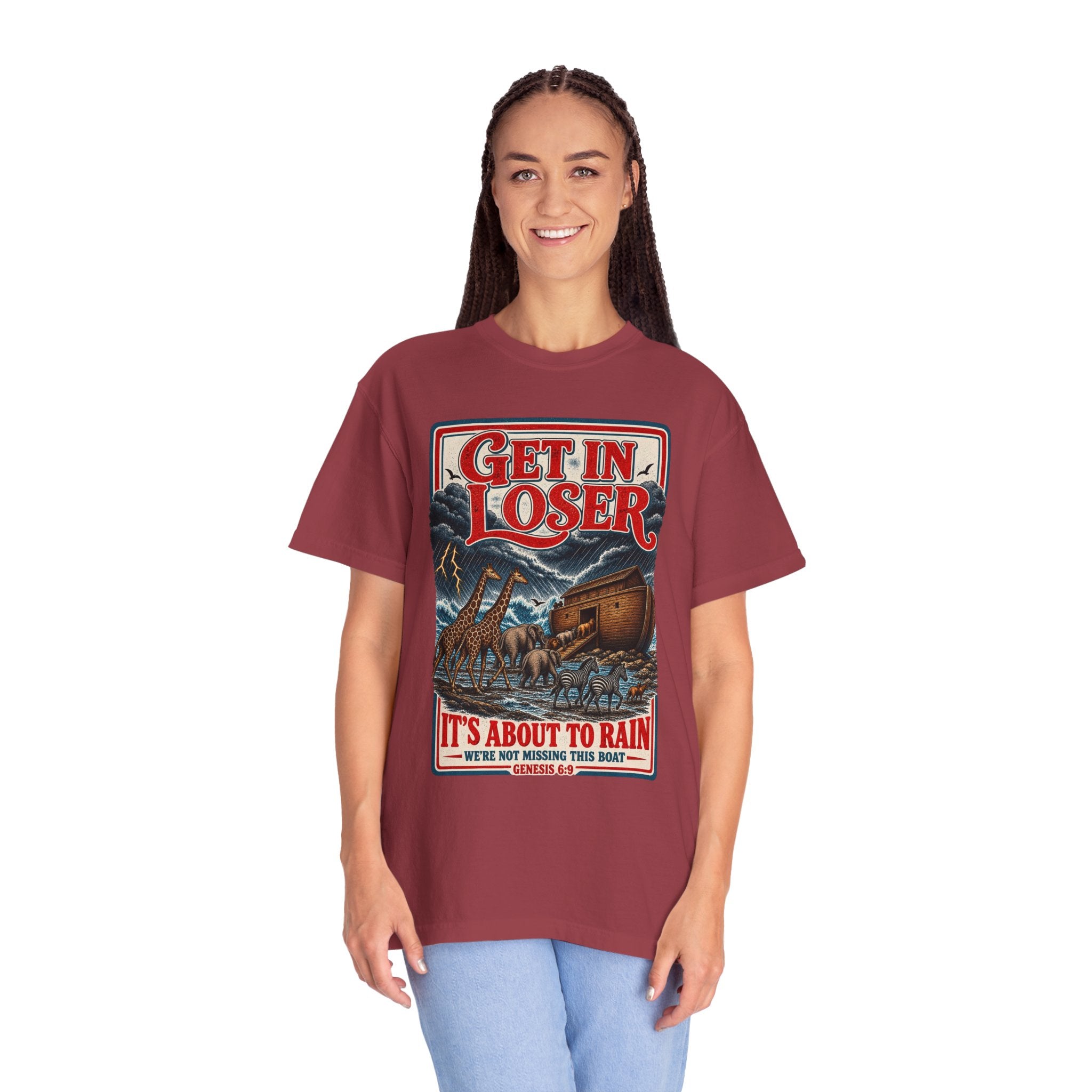 Get In Loser Noah's Ark Graphic T-Shirt — "It's About to Rain" Vintage Rescue Tee