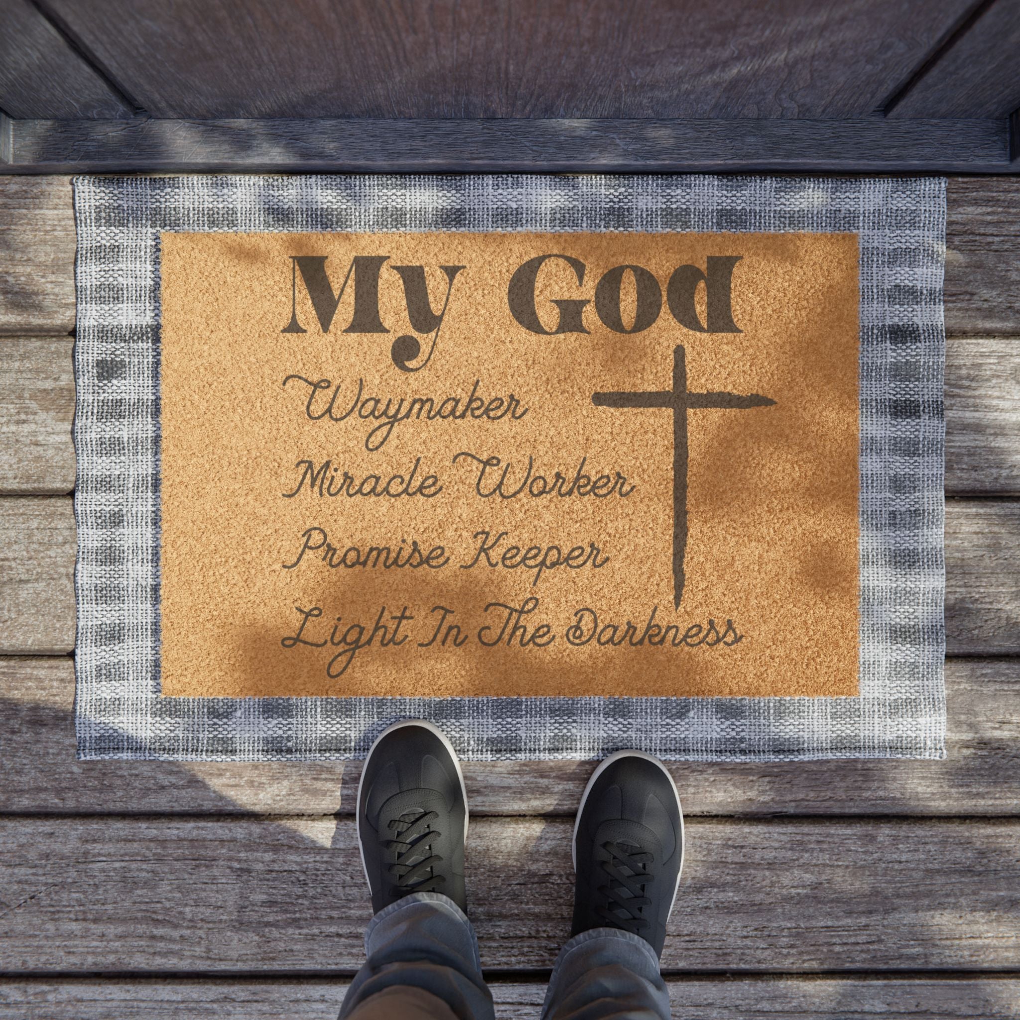 Christian Welcome Doormat — "My God" Cross & Inspirational Words