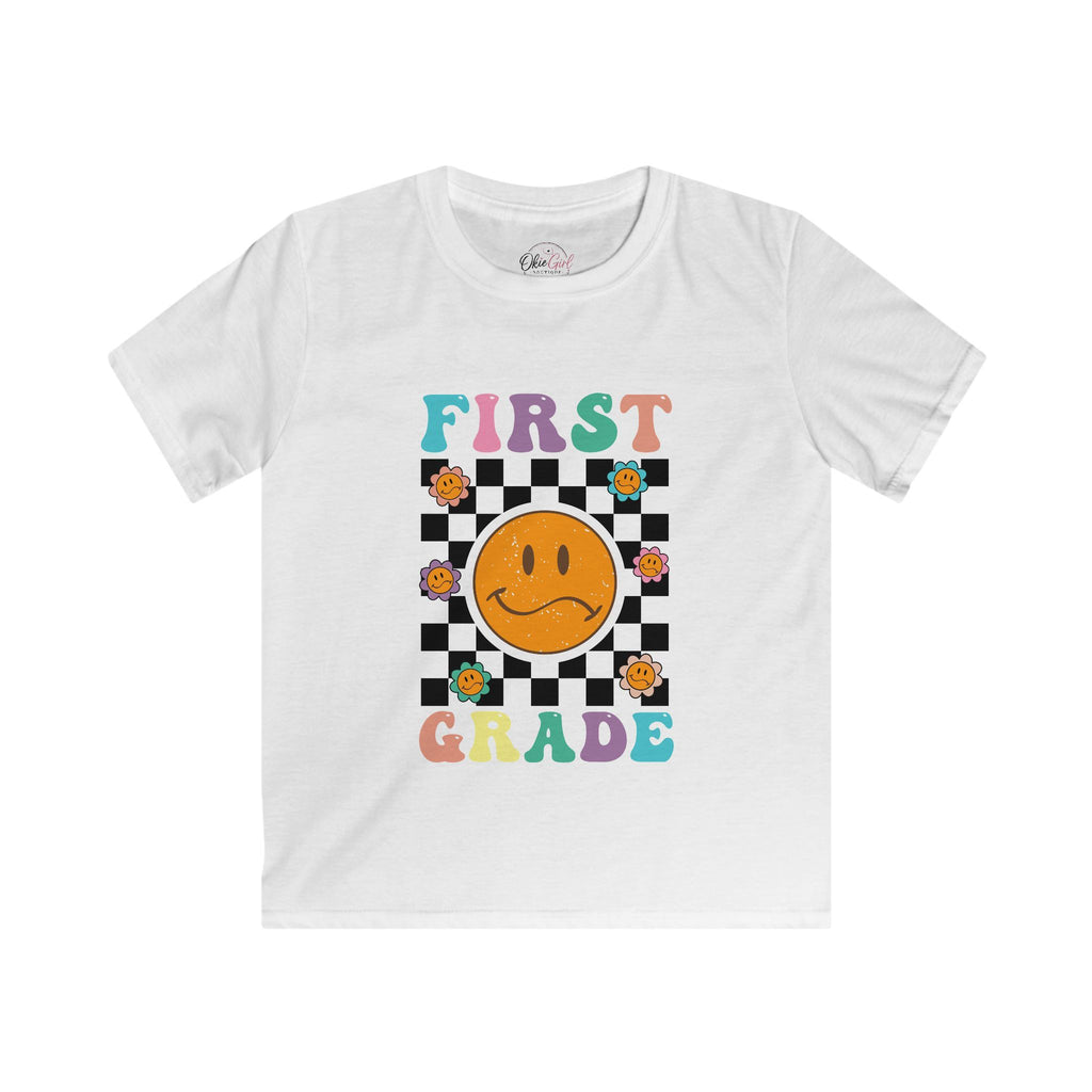 First Grade Kids T‑Shirt — Retro Checker Smiley Back to School Tee