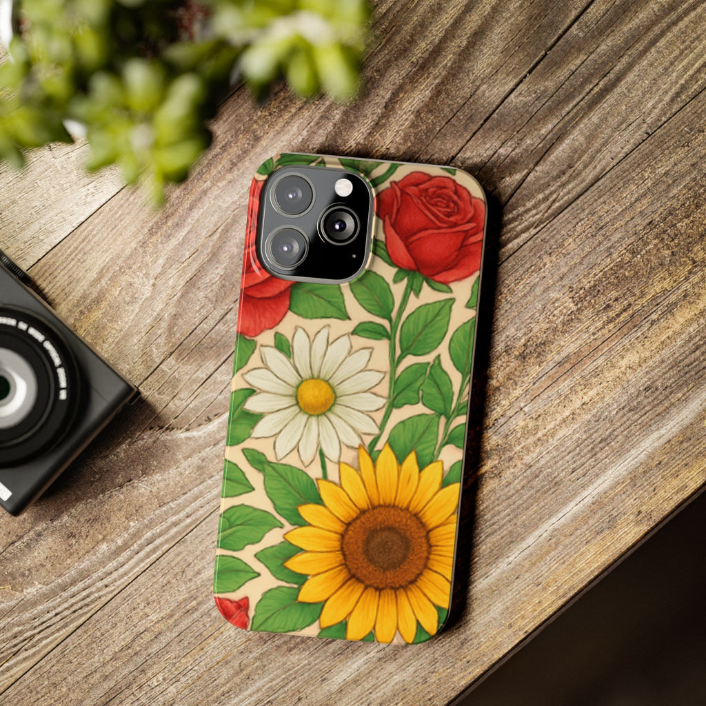 Floral Sunflower, Daisy & Rose Slim Phone Case — Vintage Botanical Pattern