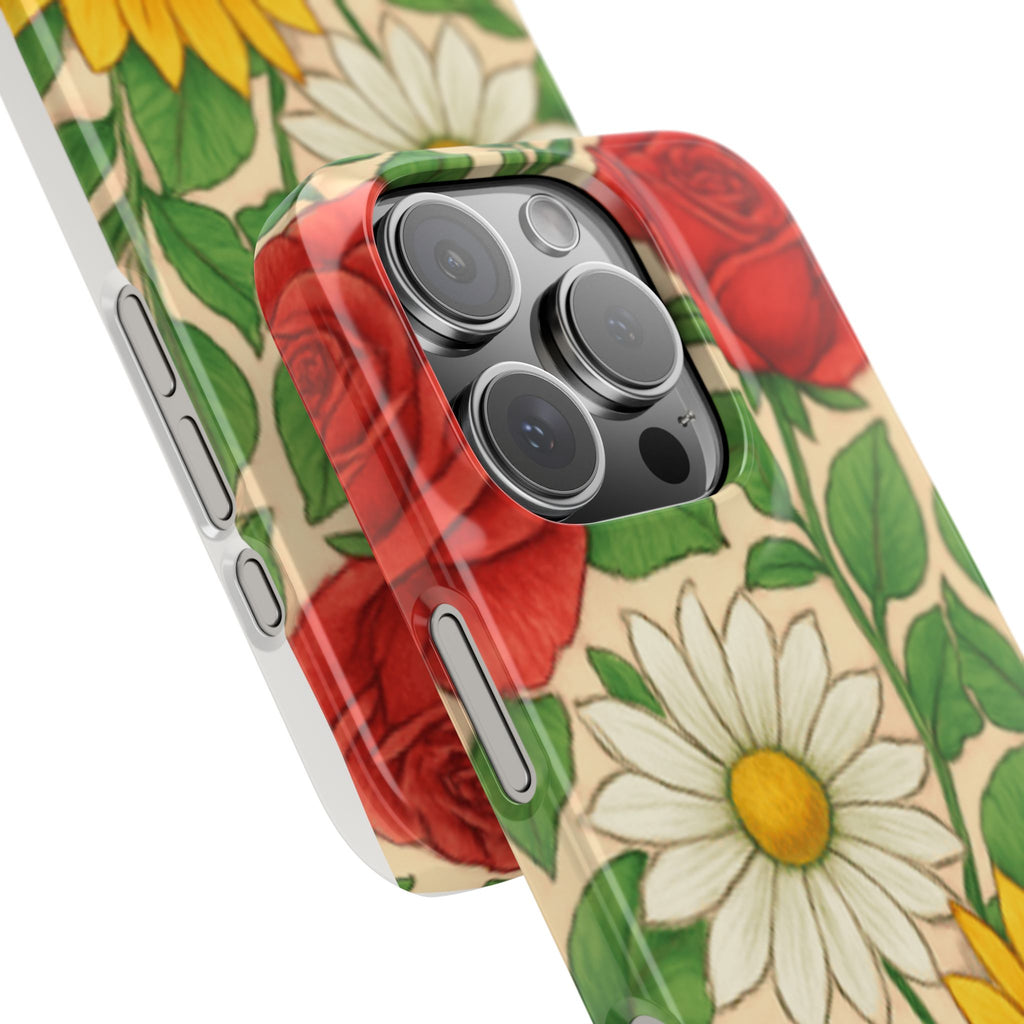 Floral Sunflower, Daisy & Rose Slim Phone Case — Vintage Botanical Pattern