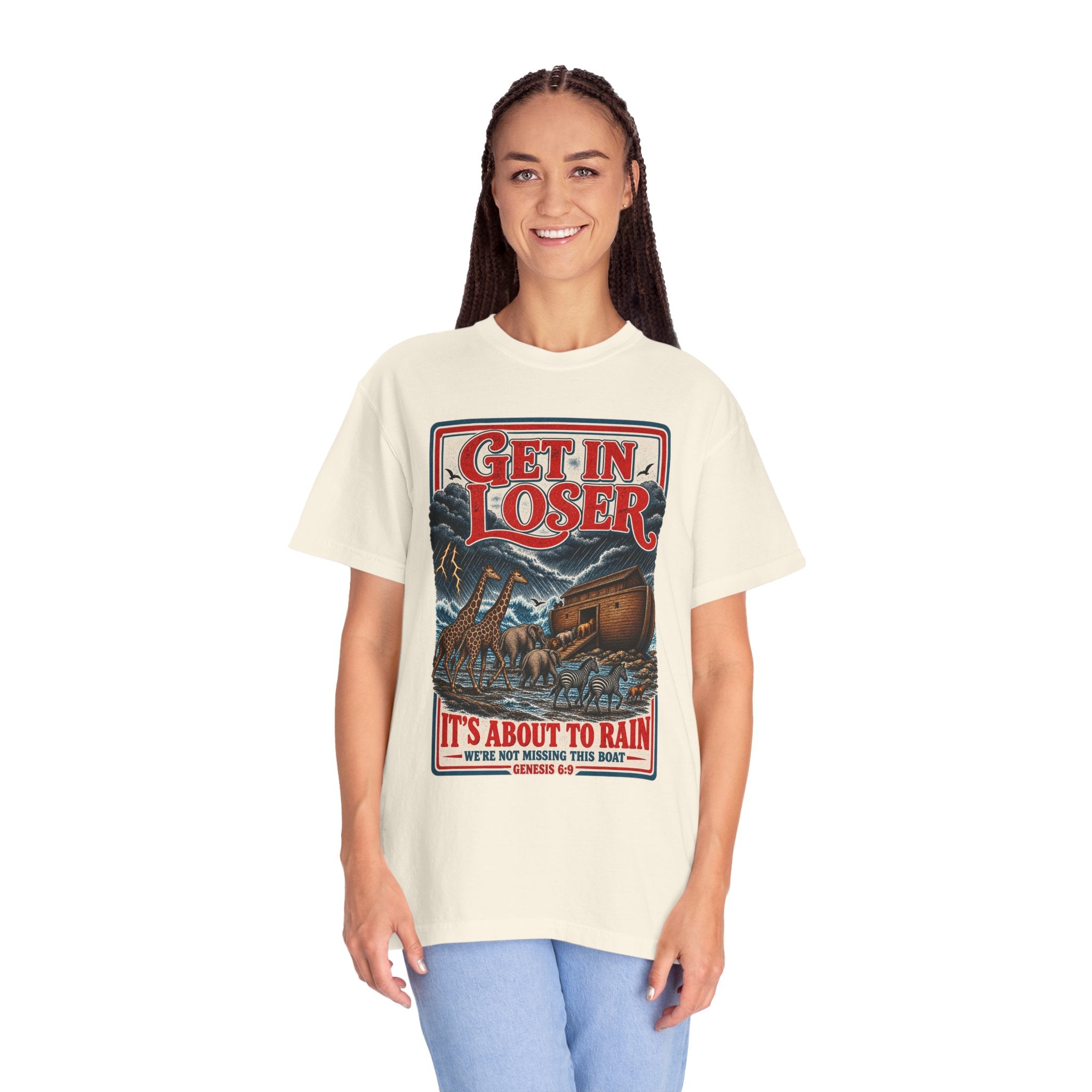 Get In Loser Noah's Ark Graphic T-Shirt — "It's About to Rain" Vintage Rescue Tee