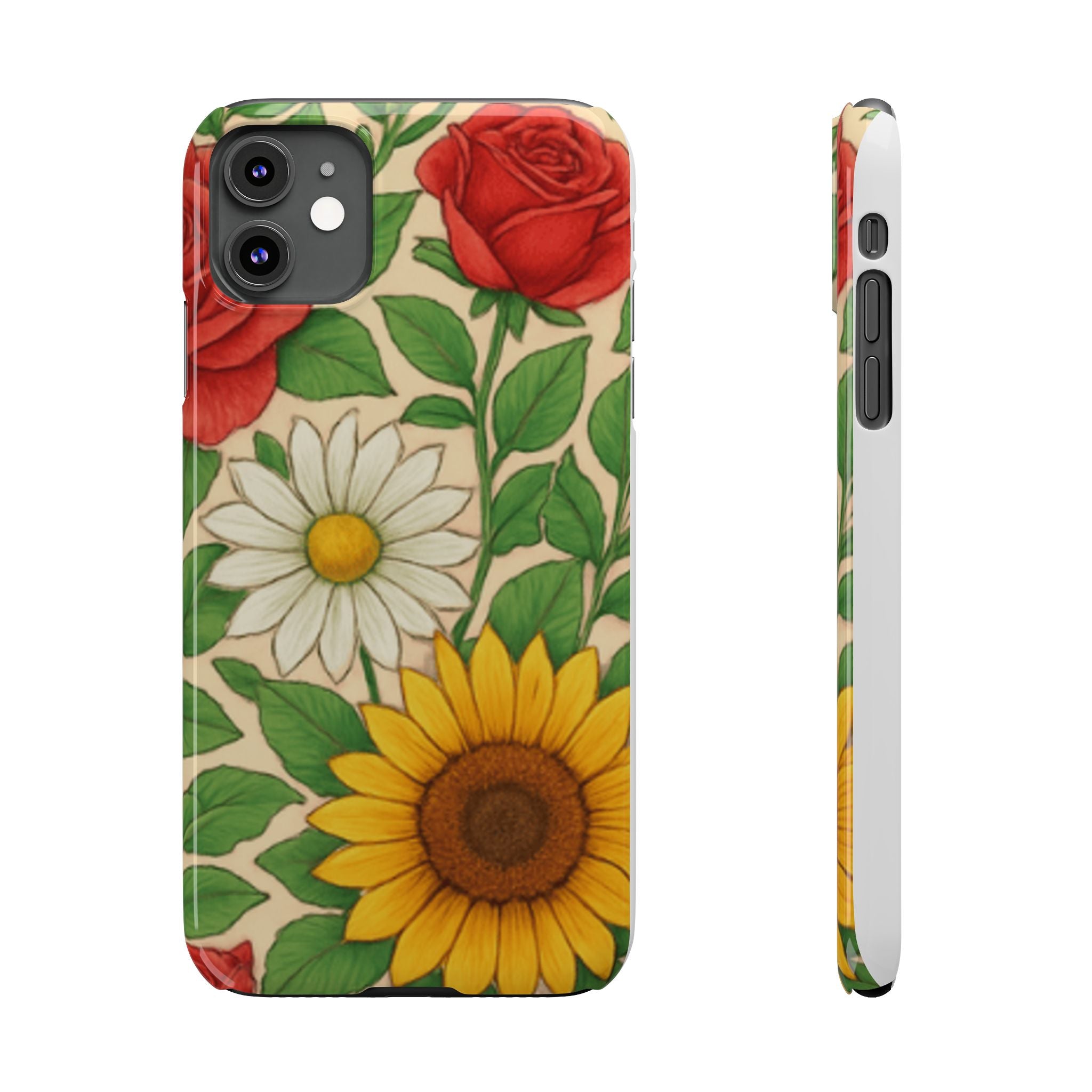 Floral Sunflower, Daisy & Rose Slim Phone Case — Vintage Botanical Pattern