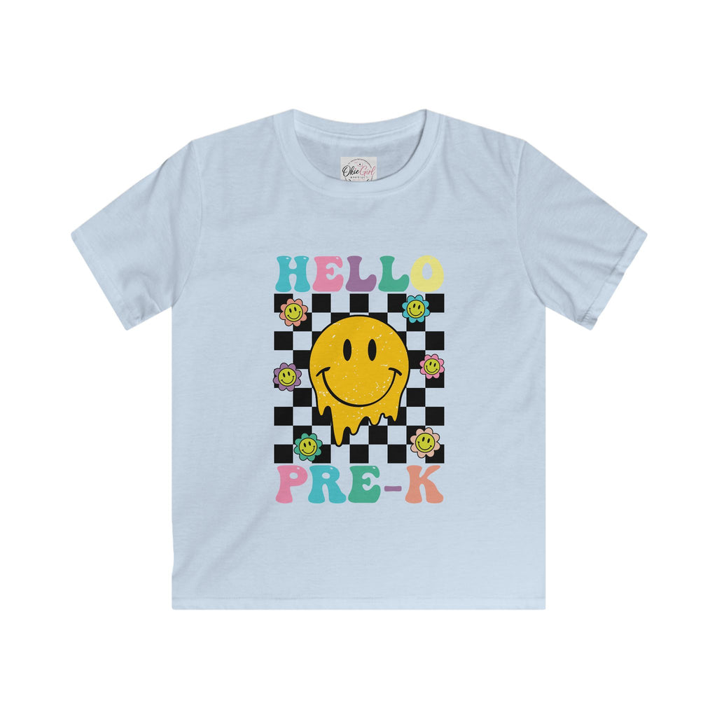 Hello Pre-K Kids T-Shirt — Colorful Smiley Checkerboard Preschool Tee
