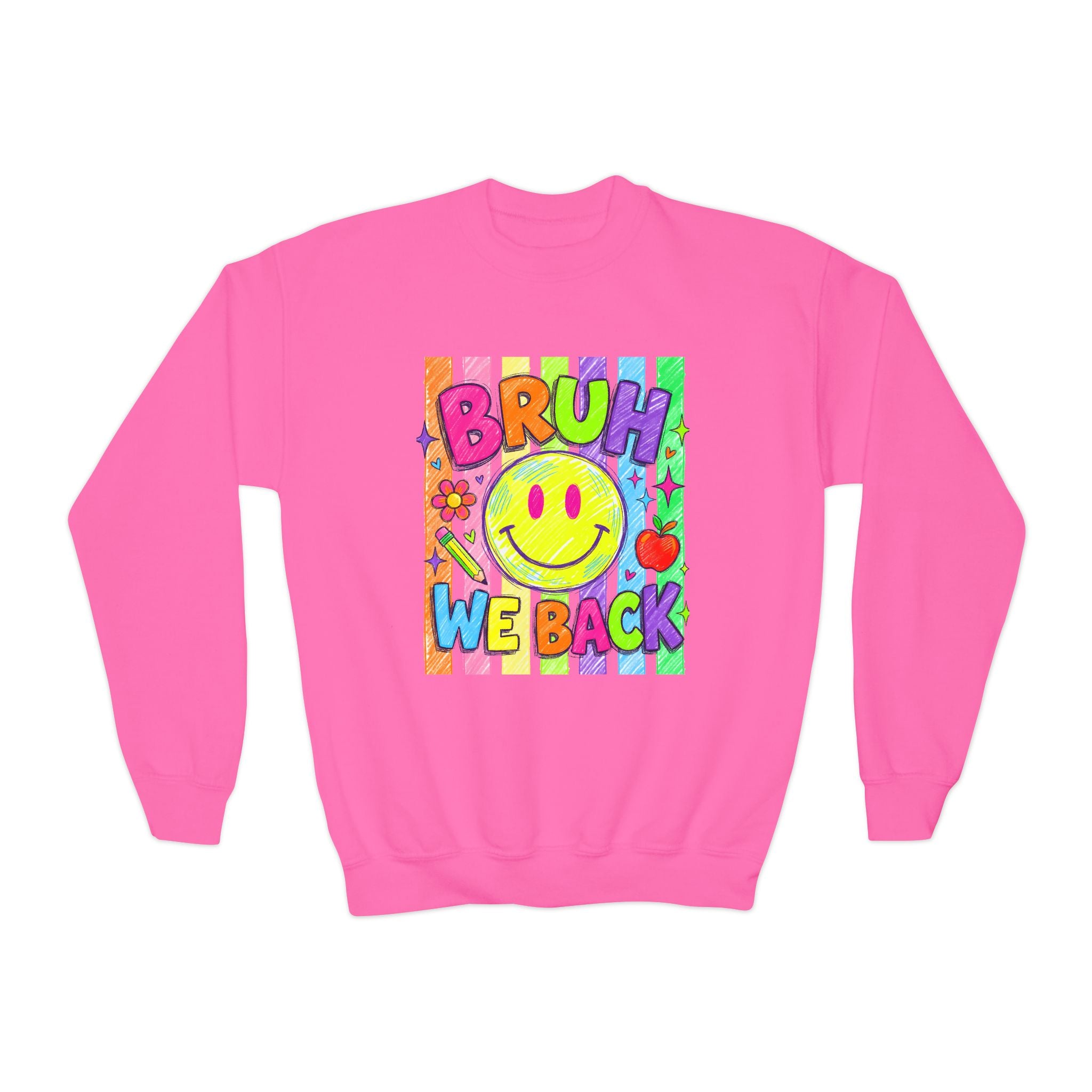 Youth Crewneck Sweatshirt — "Bruh We Back" Retro Smiley Graphic