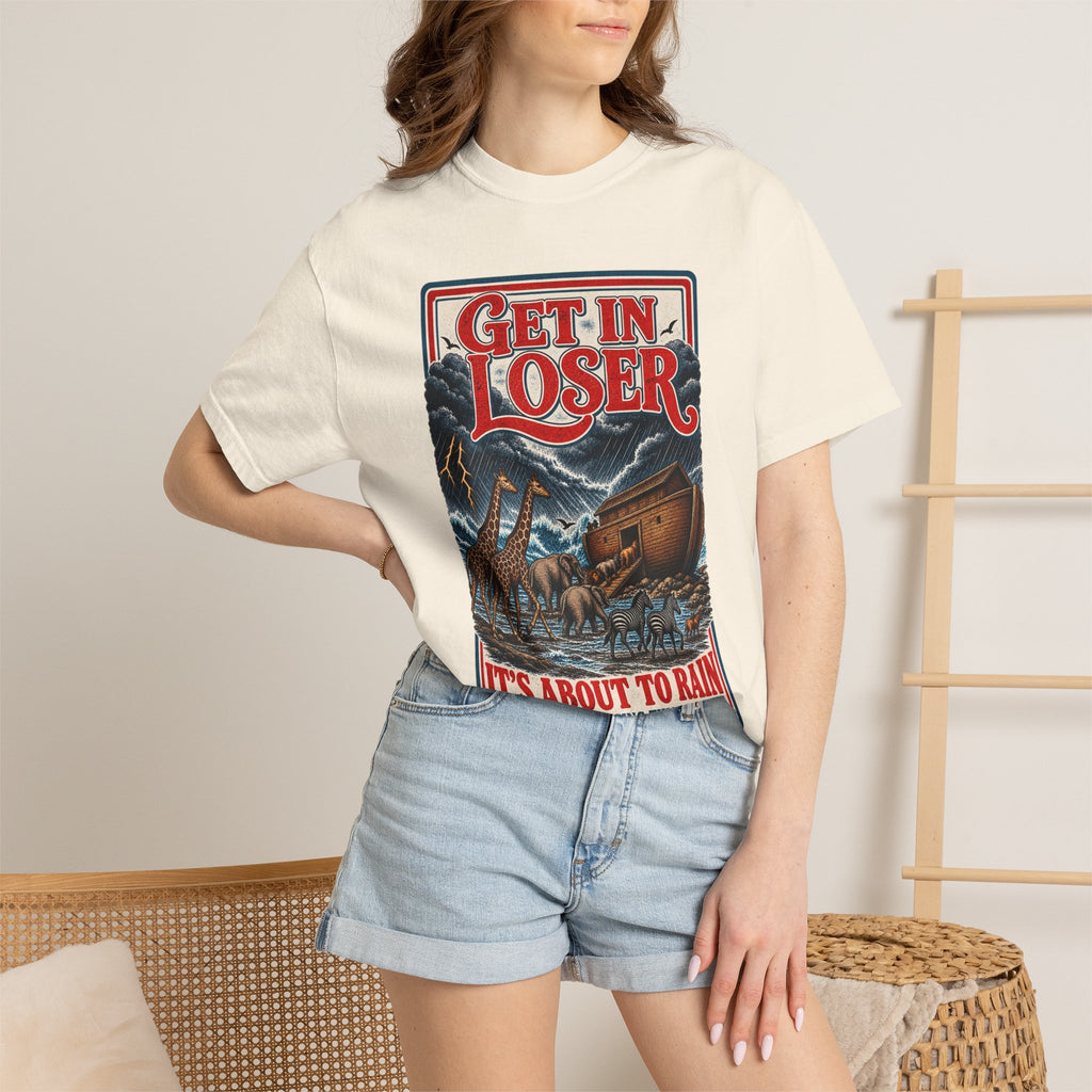 Get In Loser Noah's Ark Graphic T-Shirt — "It's About to Rain" Vintage Rescue Tee
