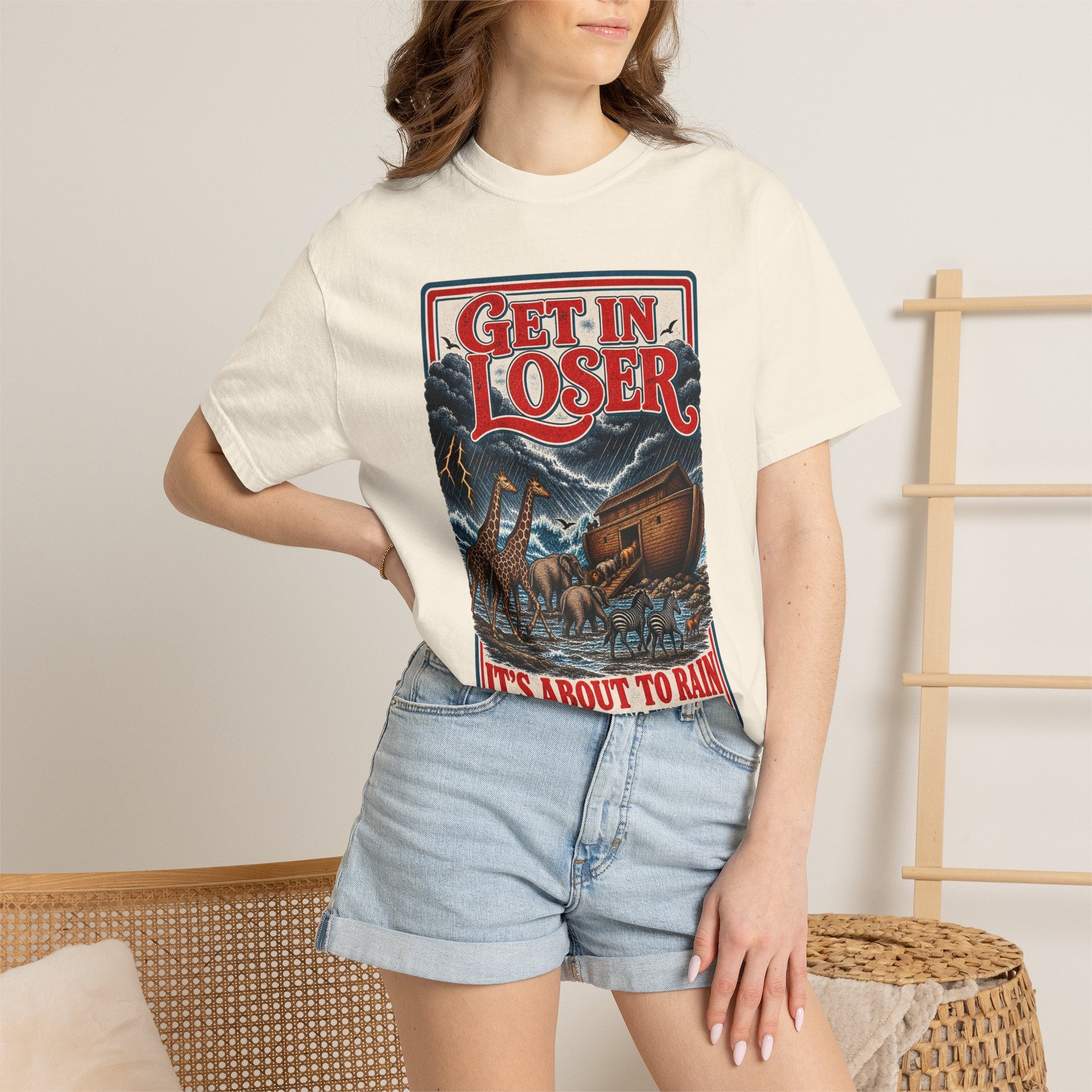 Get In Loser Noah's Ark Graphic T-Shirt — "It's About to Rain" Vintage Rescue Tee